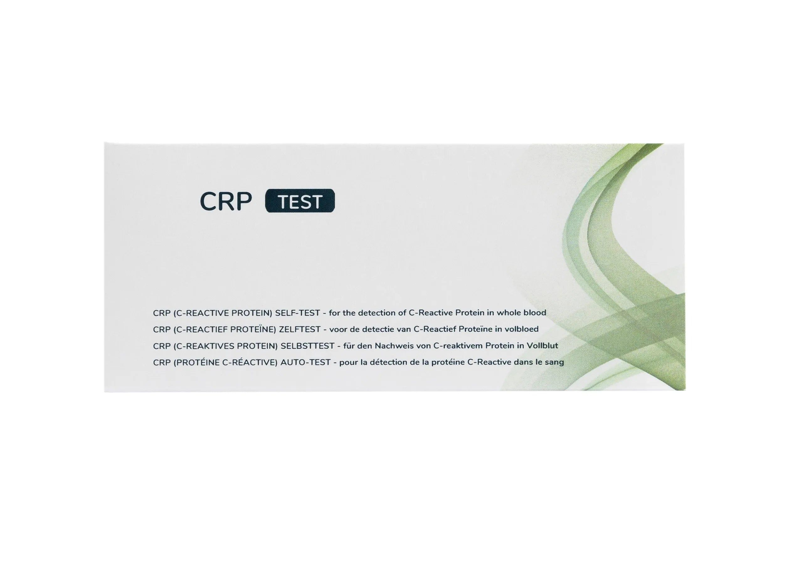 Verpackung CRP Schnelltest mit mehrsprachigen Produktbezeichnungen und grünem Designelement.