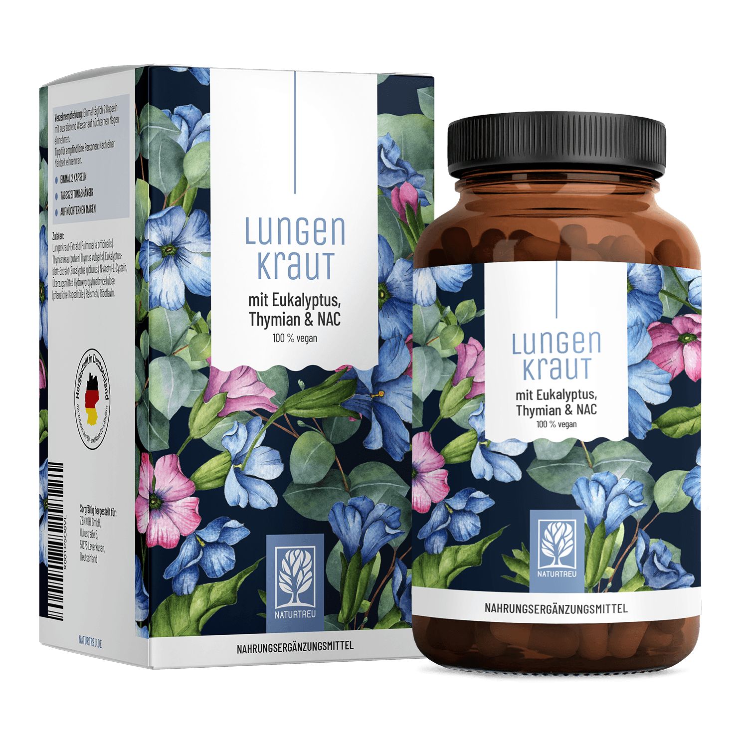 Flasche und Karton mit Lungenkraut Komplex, floralem Design.