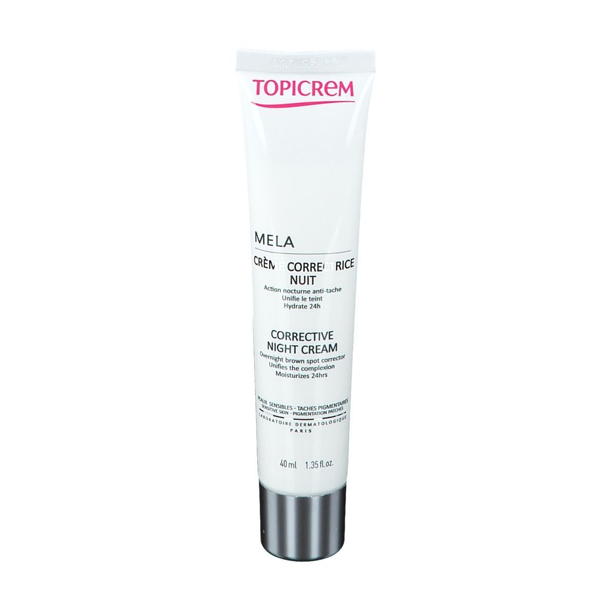 Tube blanche TOPICREM MELA, bouchon argenté. Inscription: MELA, Corrective Night Cream.