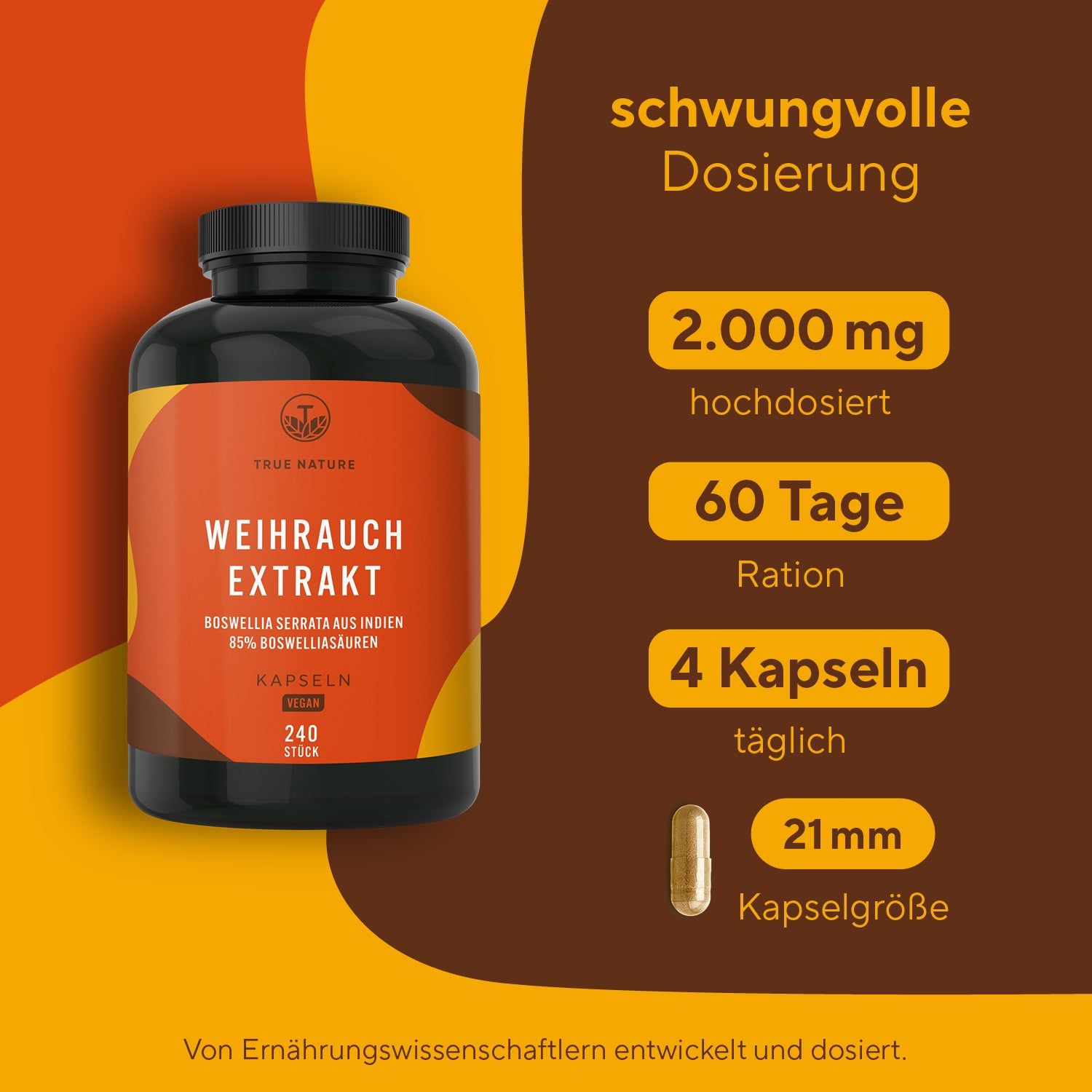 Produktflasche mit Informationen: 2.000 mg, 60 Tage Ration, 4 Kapseln täglich, 21 mm Kapselgröße. Brauner Hintergrund.