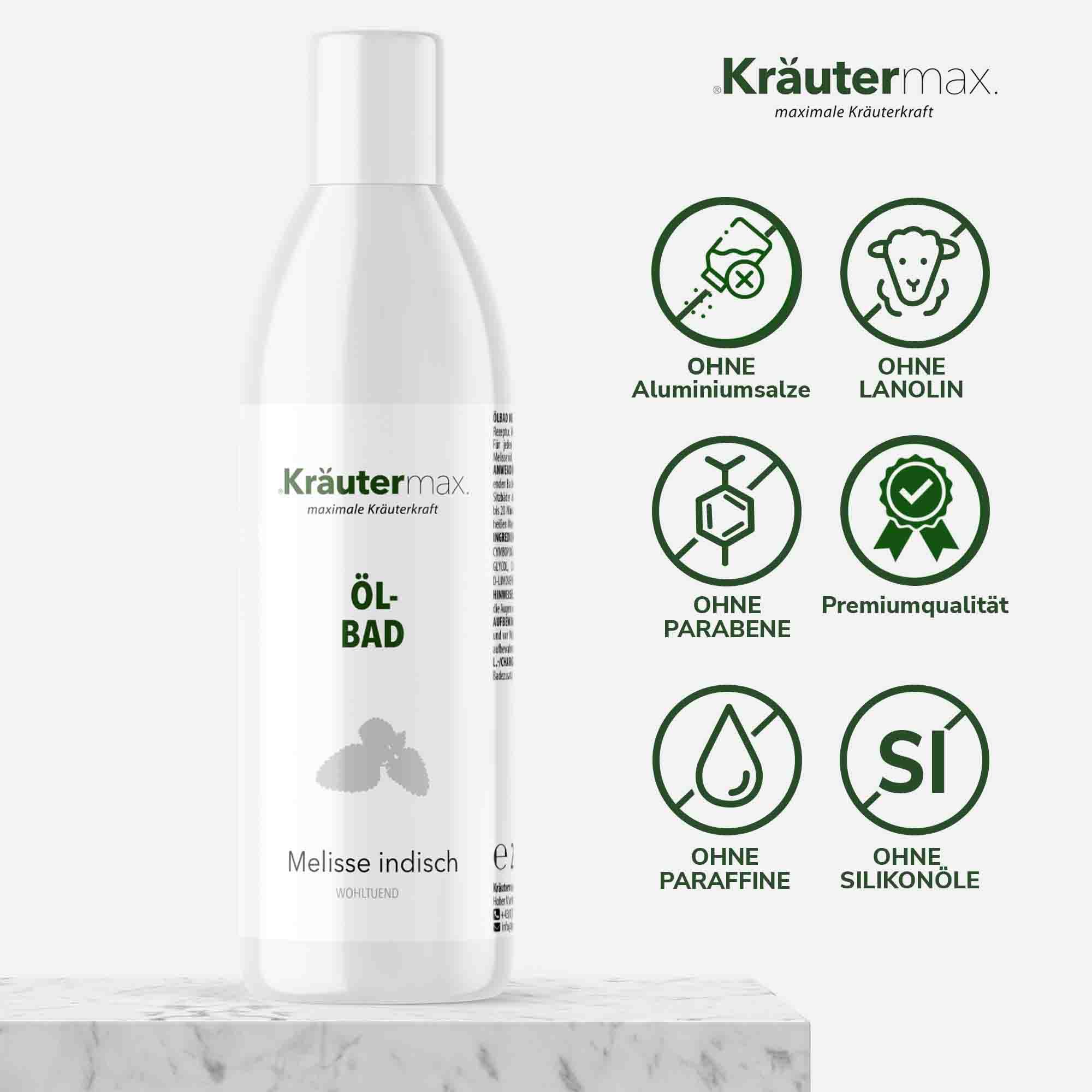 Weiße Flasche Kräutermax Ölbad Melisse indisch. Logos: Ohne Aluminiumsalze, Lanolin, Parabene, Paraffine, Silikonöle.