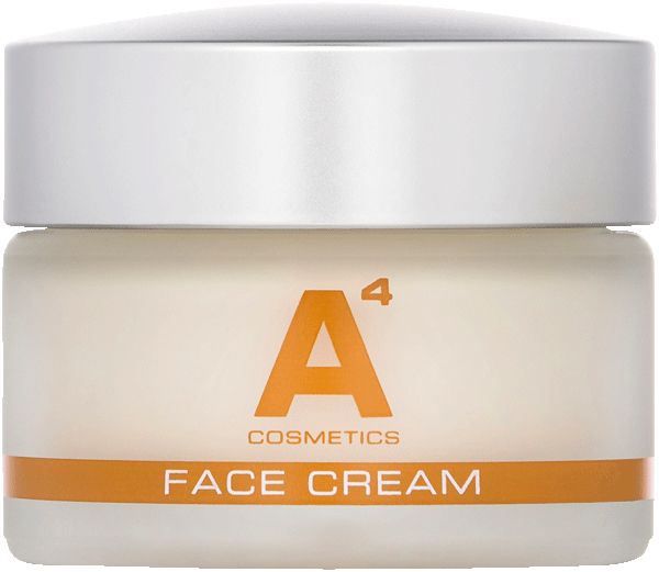 Creme-Tiegel mit weißem Deckel. Aufschrift: A4 Cosmetics, Face Cream. Orangefarbener Streifen.