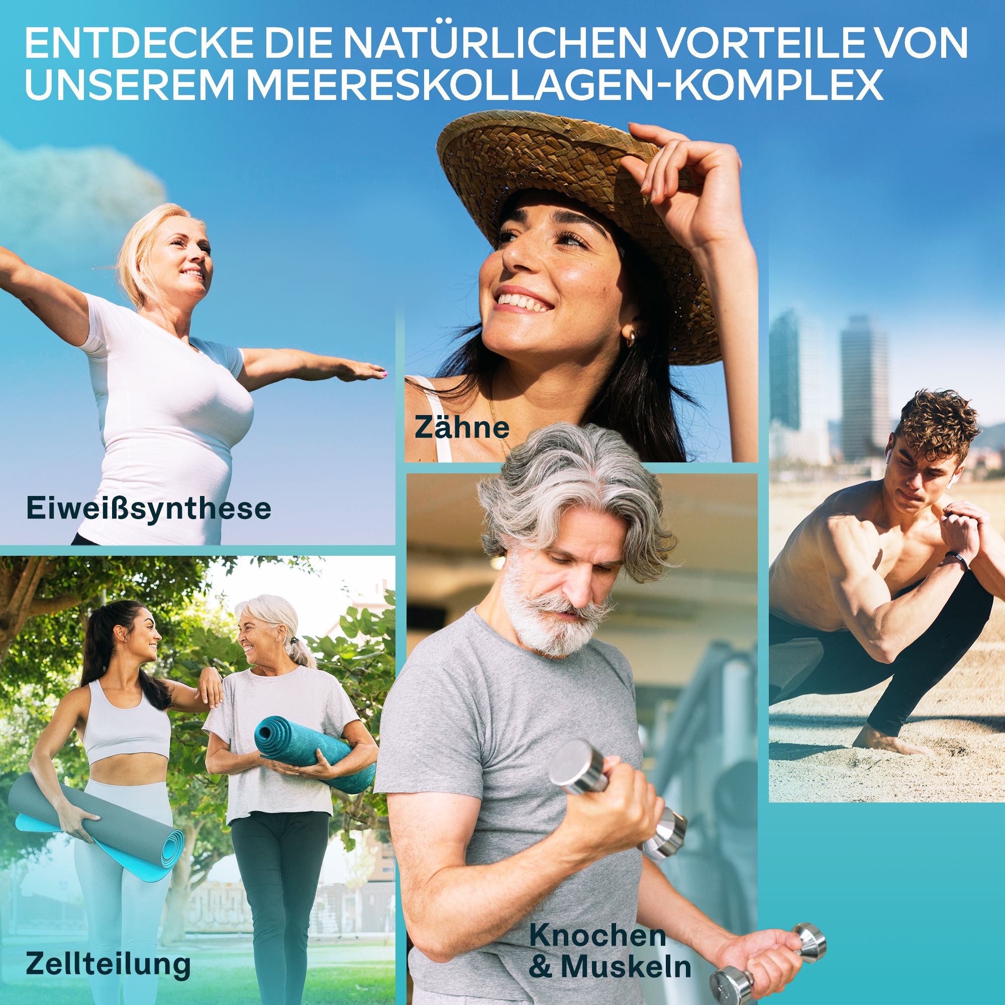 Collagen-Komplex. Fotos von Menschen, die Sport treiben, sich entspannen und Zähne zeigen.
