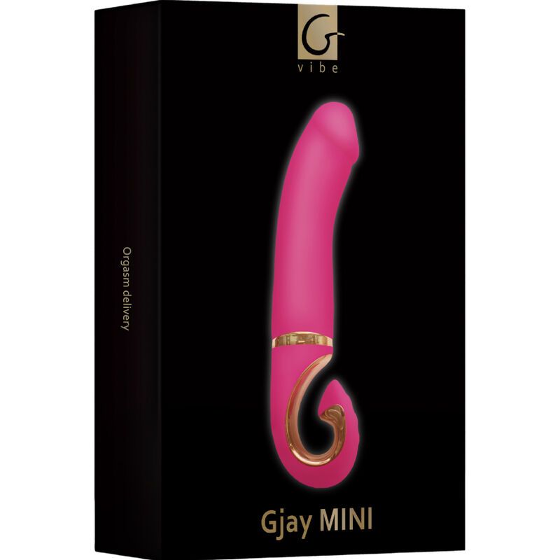 Pinkfarbener Silikonvibrator in einer schwarzen Verpackung. Aufschrift: G-vibe, Gjay MINI. Text: Orgasm delivery.