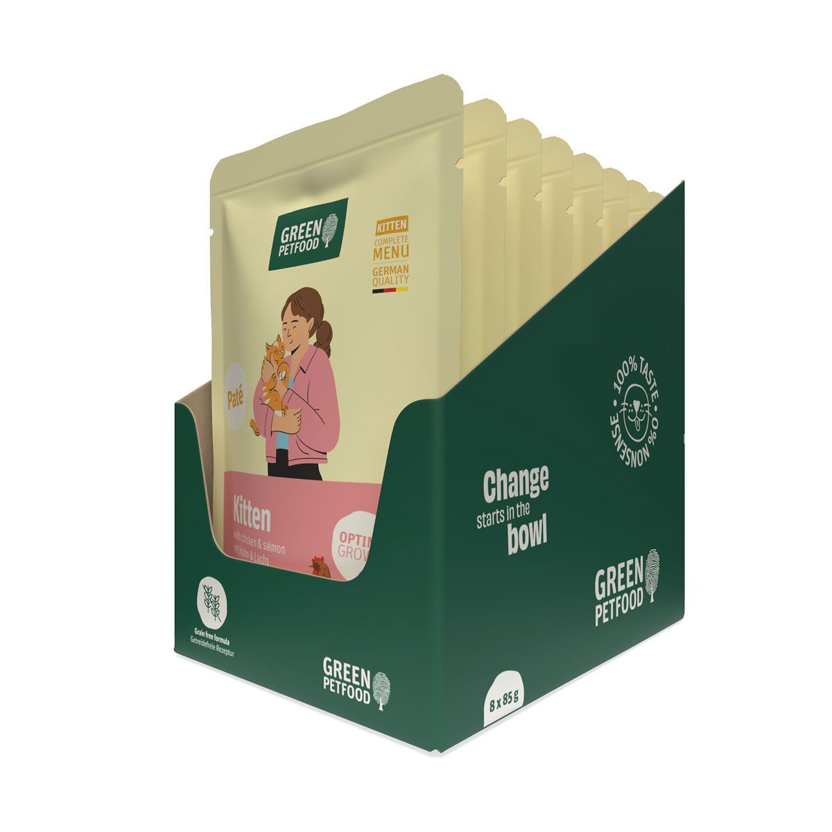 Green Petfood Kitten Paté im Display mit 8x 85g Beuteln. Vorderster Beutel zeigt eine Frau mit Kätzchen.