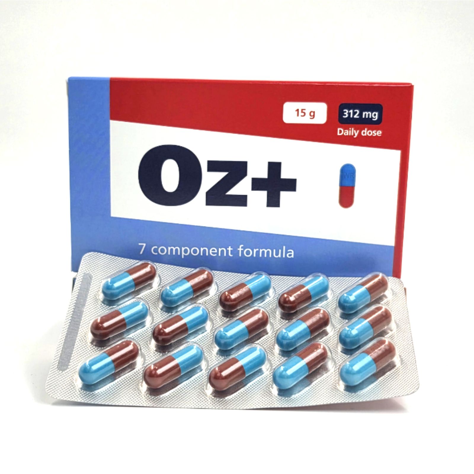 Oz+ Verpackung mit Blisterpackung von 12 Kapseln (blau/rot). 15g, 312mg Tagesdosis, 7-Komponenten-Formel.