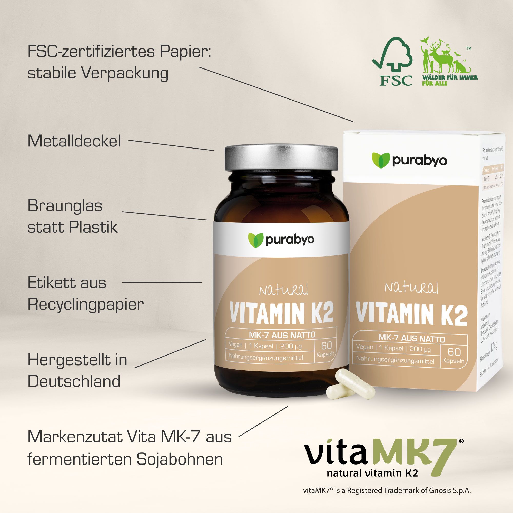 Purabyo Vitamin K2 Kapseln | 200 mcg MK-7 | Glas statt Plastik