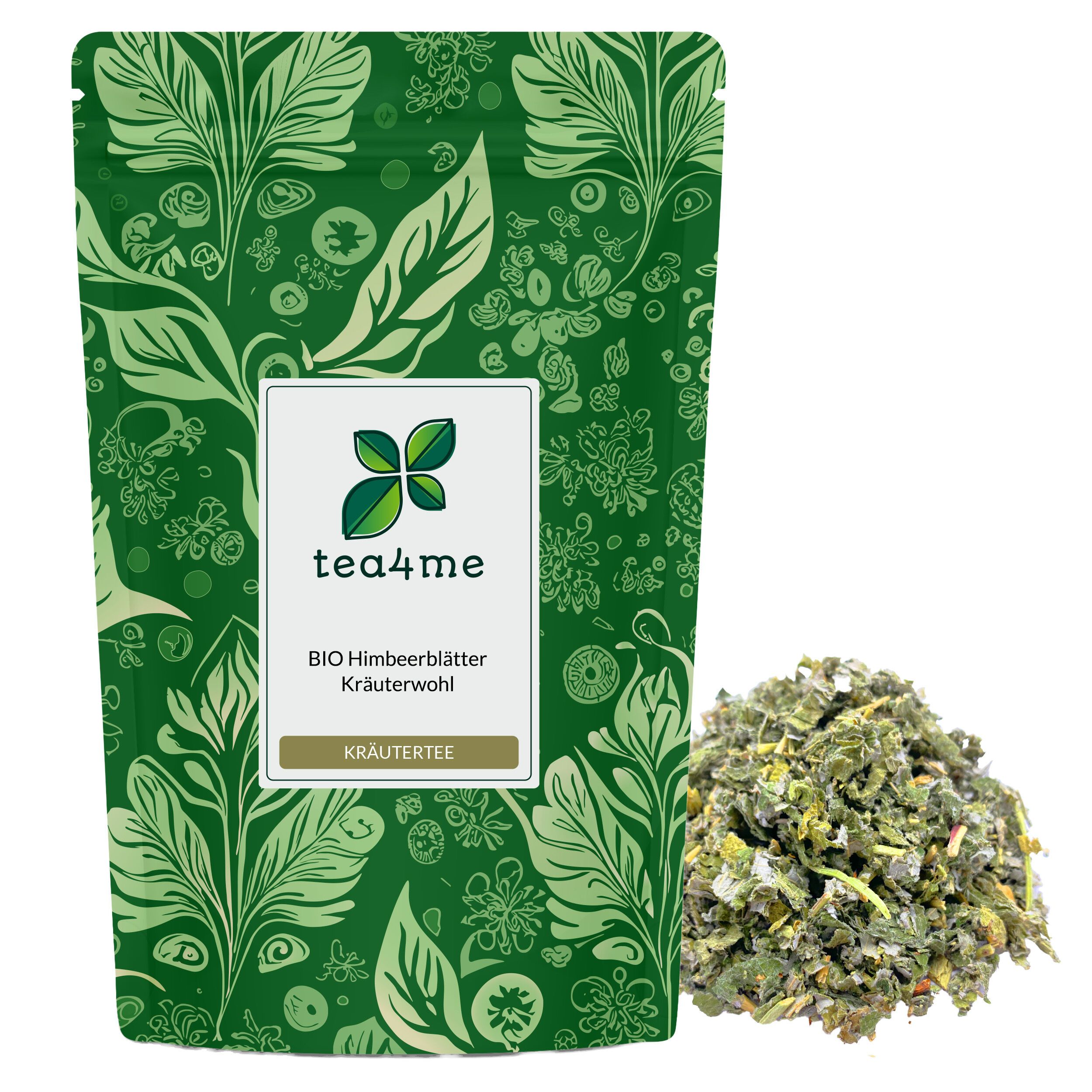 Grüne Verpackung mit floralem Muster und lose Himbeerblätter. Weißes Etikett mit Logo und Produktbezeichnung.