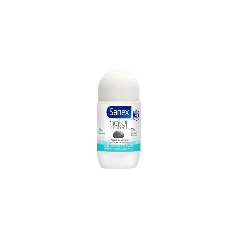 Weißer Roll-on-Deo mit weißem Deckel. Aufschrift: Sanex natur protect. Grün-weiße Beschriftung. Anti-Flecken, 0% Aluminiumsalze.