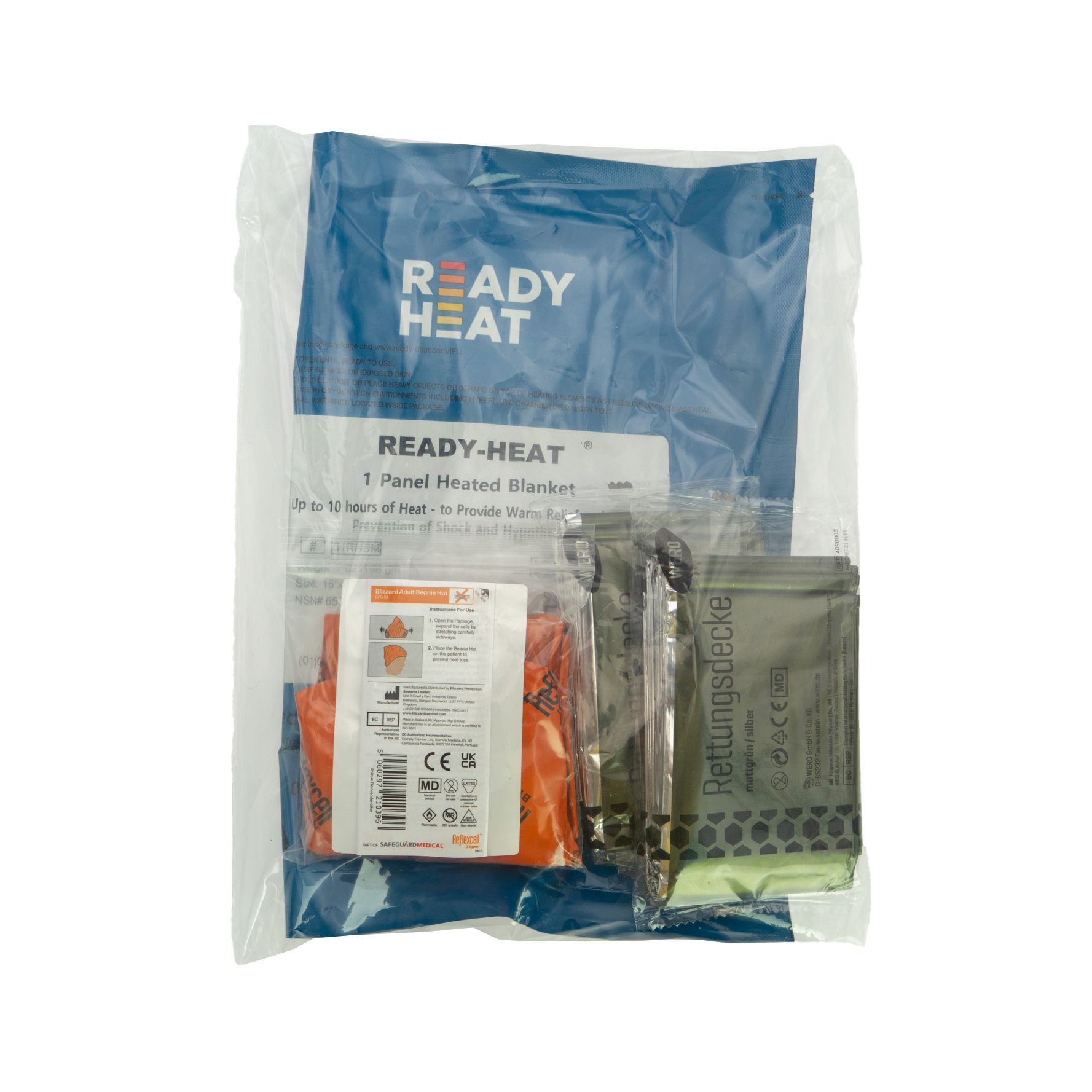 Verpackung mit Rettungsdecken und Zubehör. Aufschrift: READY-HEAT. Etikett mit Produktinformationen.