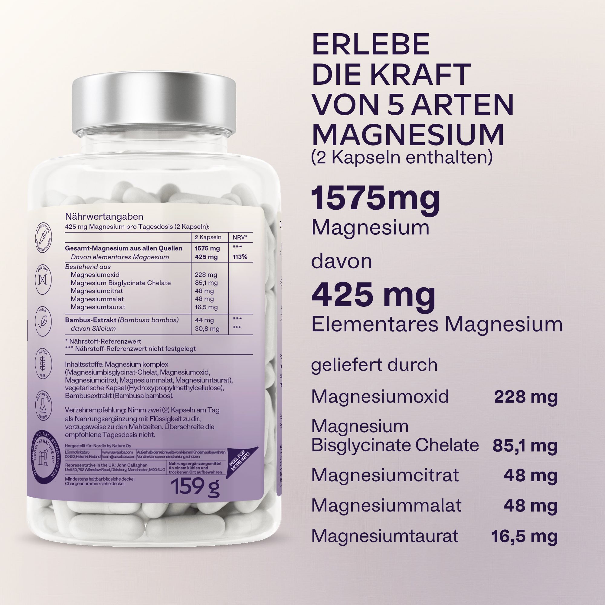 Flasche mit Kapseln und Text. 1575mg Magnesium pro Portion. 425mg elementares Magnesium. 159g. Nährwertangaben.