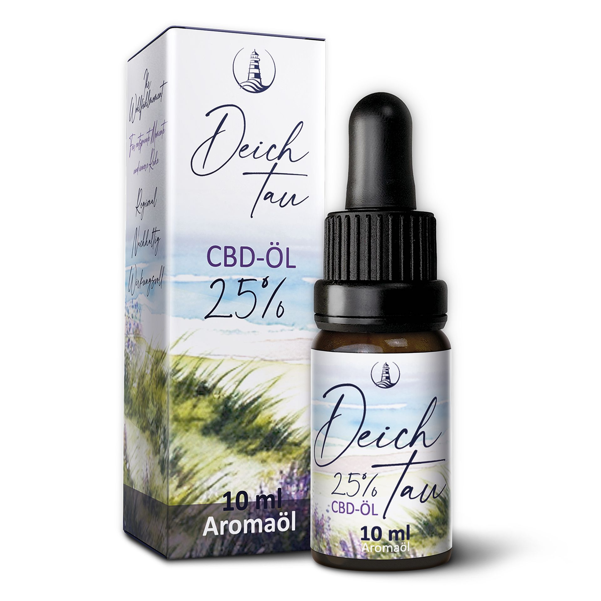 Deichtau CBD Öl 25% Flasche und Karton mit Leuchtturm-Logo und Strandmotiv.