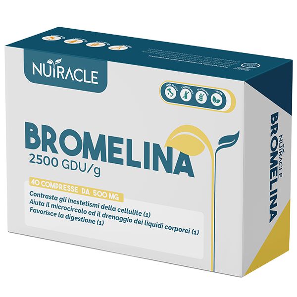Confezione di Nutracle Bromelina con 40 compresse. La scatola riporta "Bromelina 2500 GDU/g". Indica benefici per la cellulite, la microcircolazione e la digestione. Il logo Nutracle è presente.