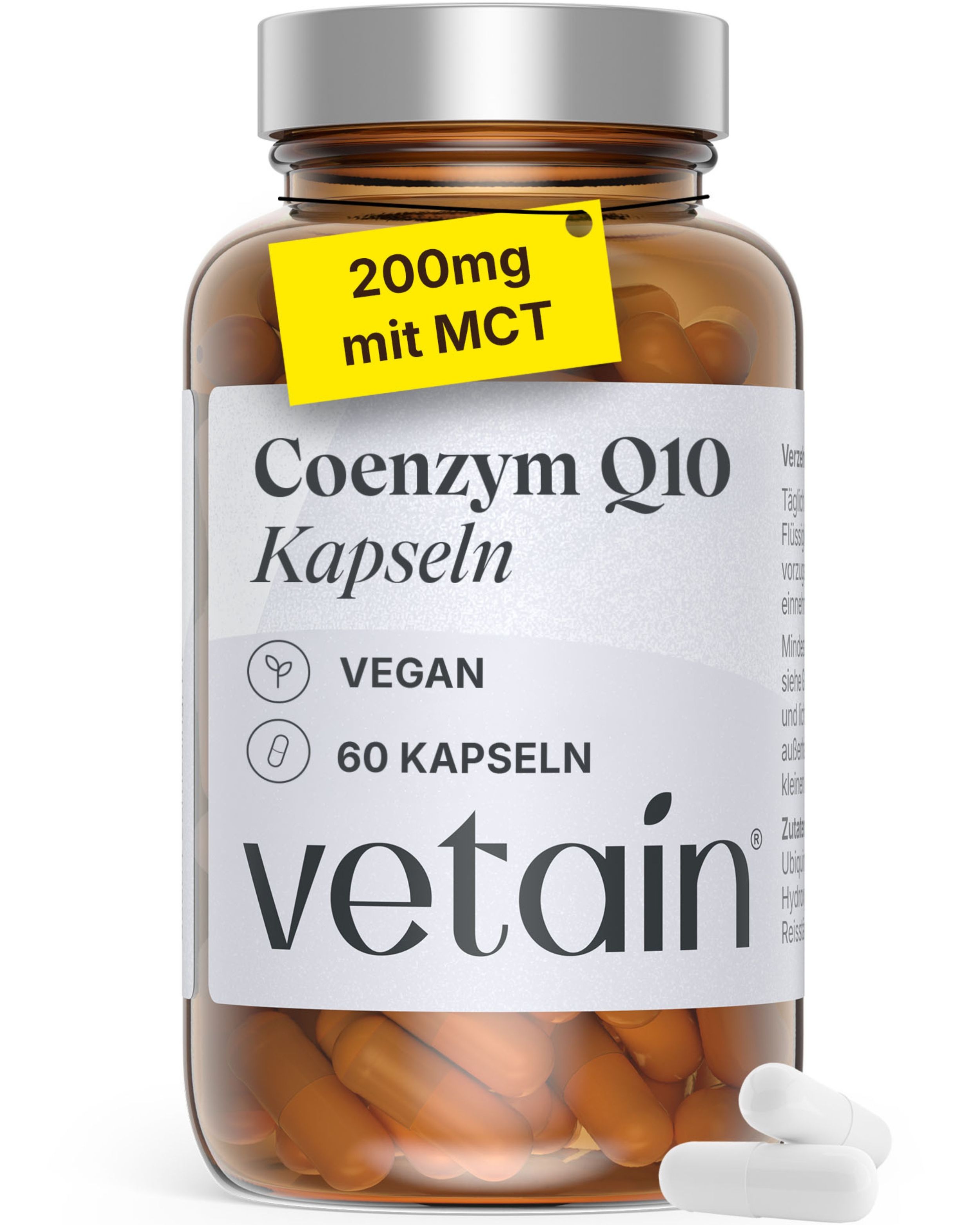 Vetain Coenzym Q10 200mg - Hochdosiert mit Ubiquinon & MCT Aus pflanzlicher Fermentation 60 St Kapseln