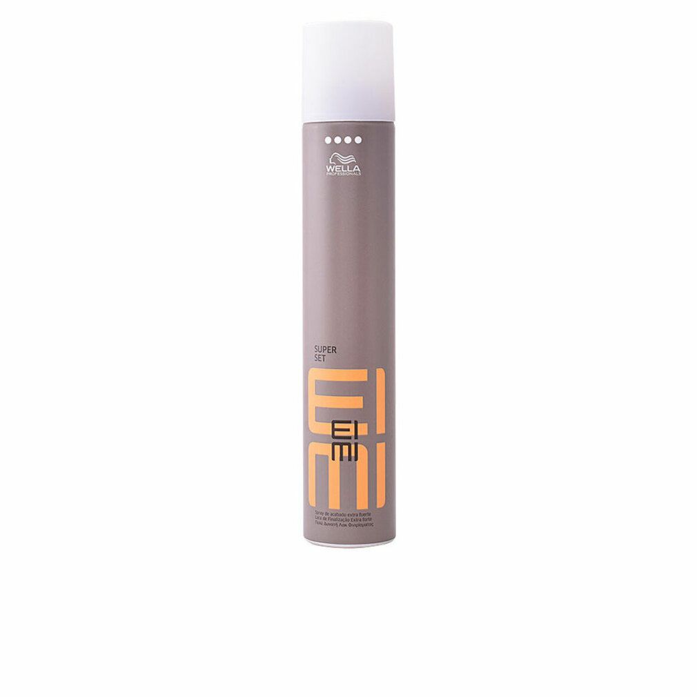 Haarspray-Dose. Zylindrische Form, grauer Körper, weißer Deckel. Orangefarbene Schrift: EIMI, SUPER SET. Marke: Wella.