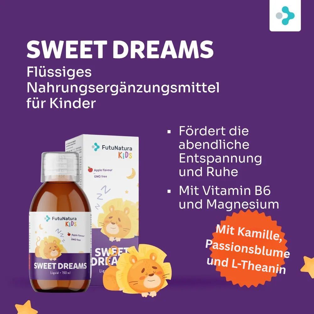 Flasche und Verpackung. Aufschrift: Sweet Dreams. Flüssiges Nahrungsergänzungsmittel für Kinder. Mit Kamille, Passionsblume und L-Theanin.