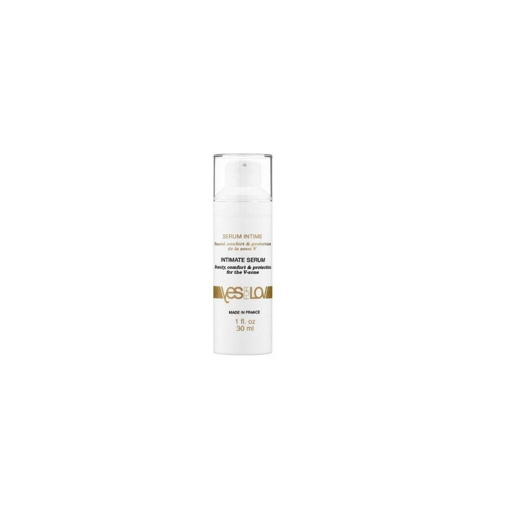 Weißes Serum mit Pumpe. Beschriftung: Serum Intime, Intimate Serum, YESforLOV. 1 fl. oz. 30 ml. Hergestellt in Frankreich.