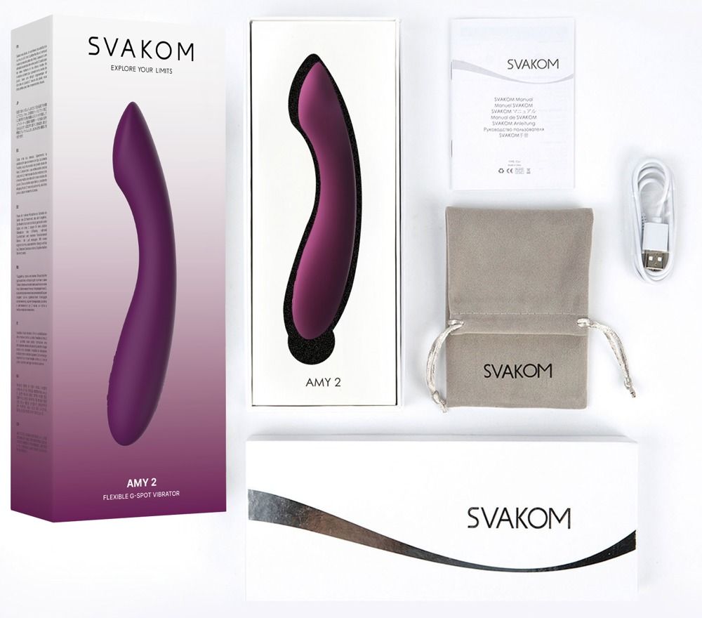 Produktverpackung mit Zubehör. Enthält Produkt, Beutel, Kabel, Anleitungen. Marke: SVAKOM.