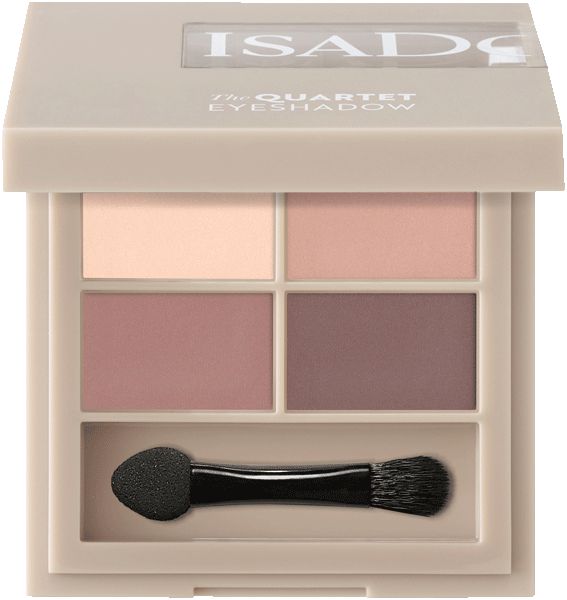 IsaDora The Quartet Eyeshadow. Lidschatten-Quartett mit vier Farben und Applikator. Beige Verpackung.