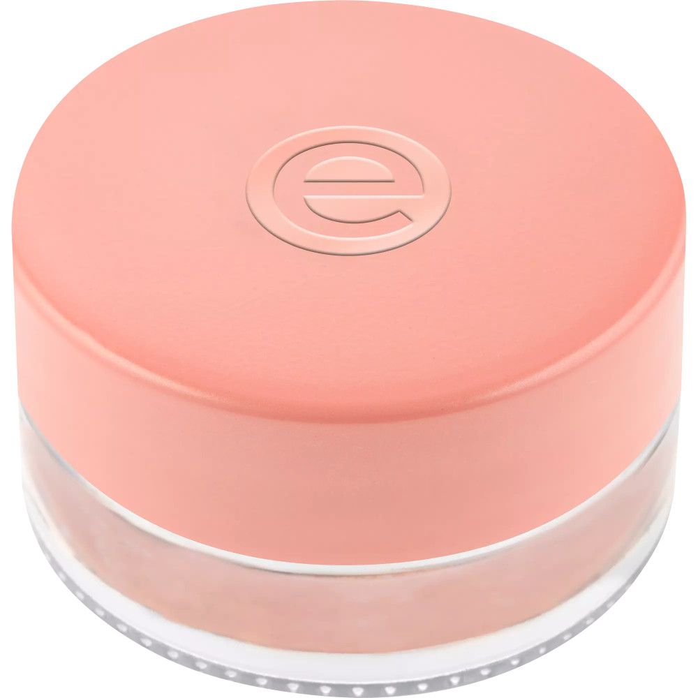 Runder, rosa Creme-Lidschatten-Tiegel mit Deckel. Deckel mit geprägtem Logo. Durchsichtiges Glas zeigt den Inhalt.