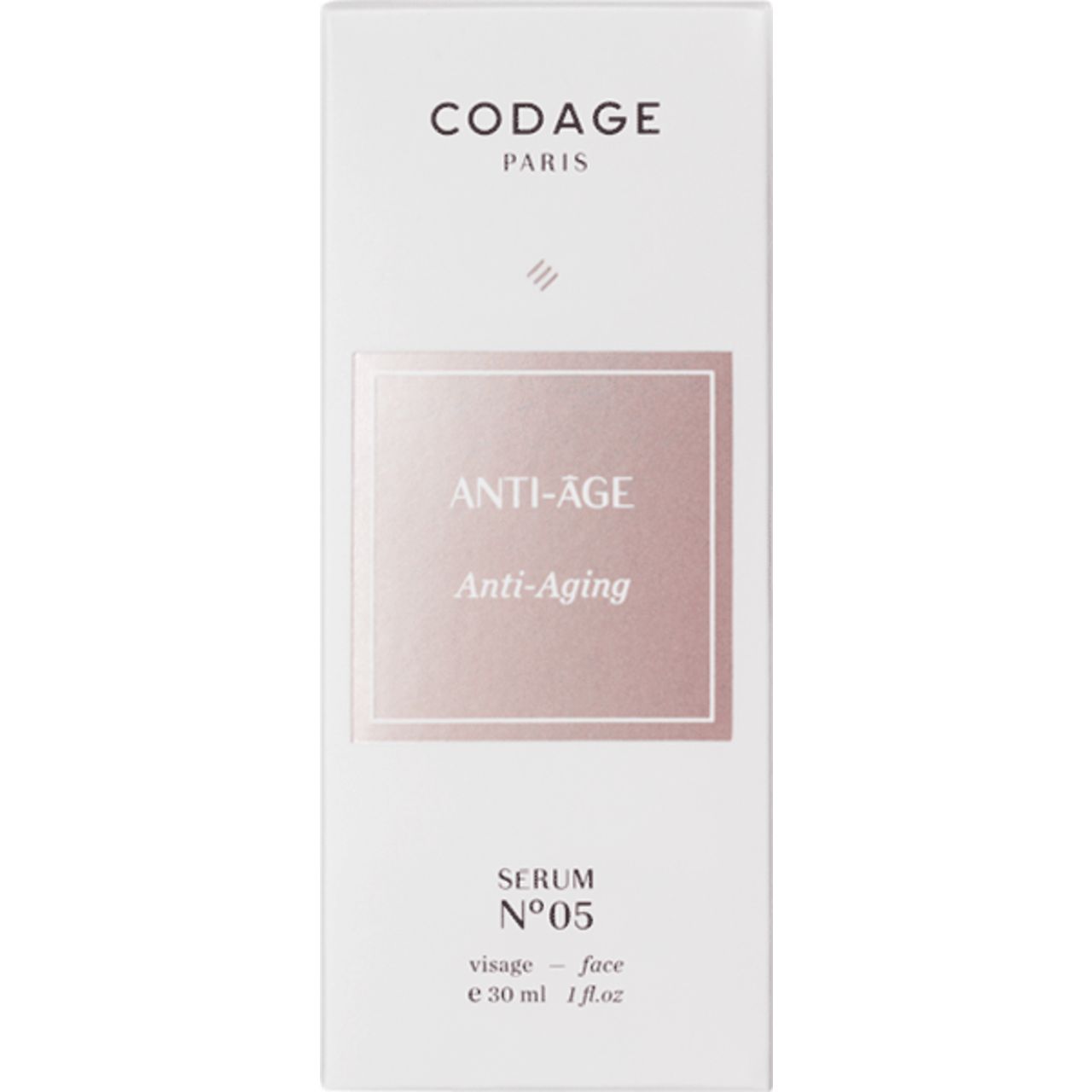 Codage Serum N°05 Anti-Âge Verpackung. Weiß, mit rosa Akzenten und Schriftzug. Enthält Text: Anti-Âge, Serum N°05, visage - face.