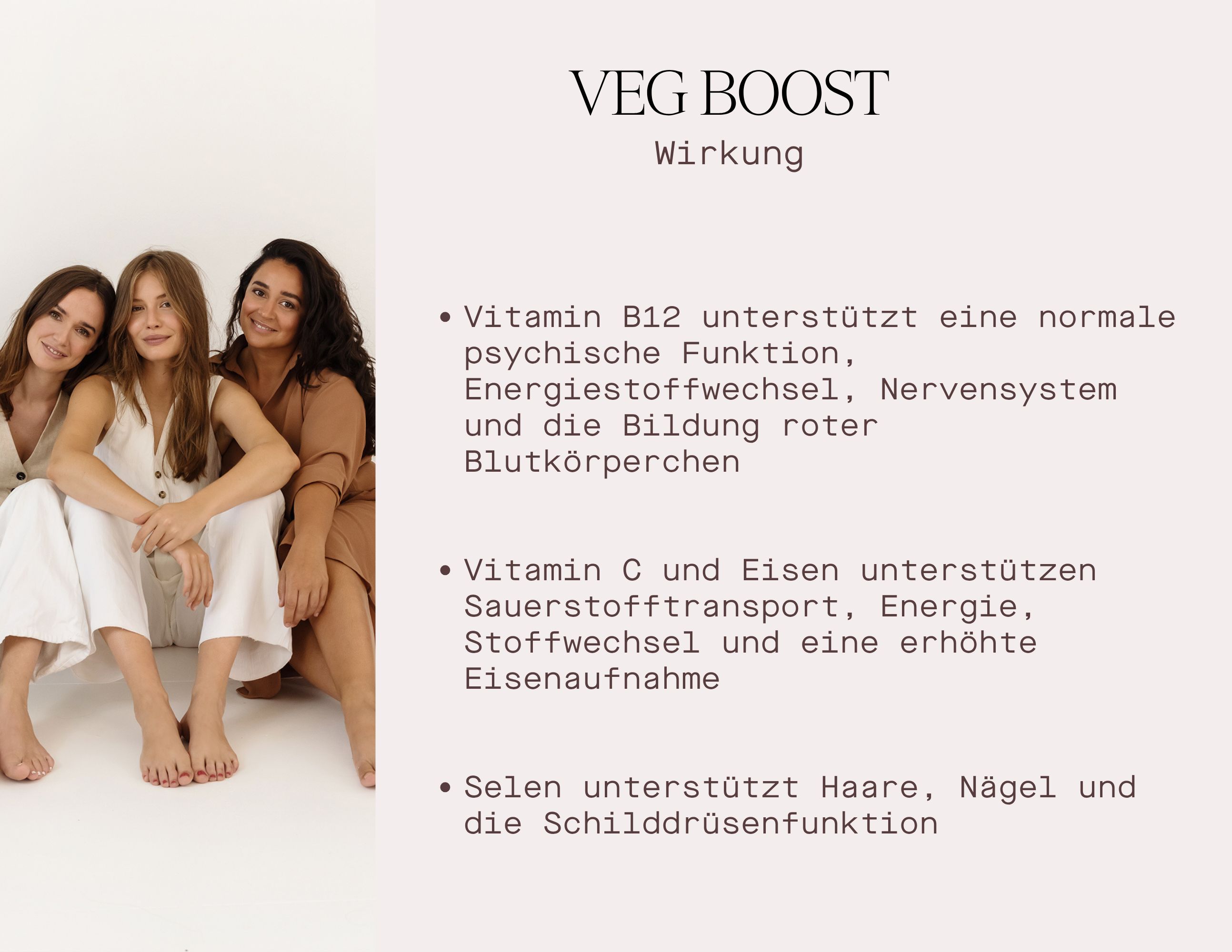 Drei Frauen stehen nebeneinander. Text über die Wirkung von Vitaminen.