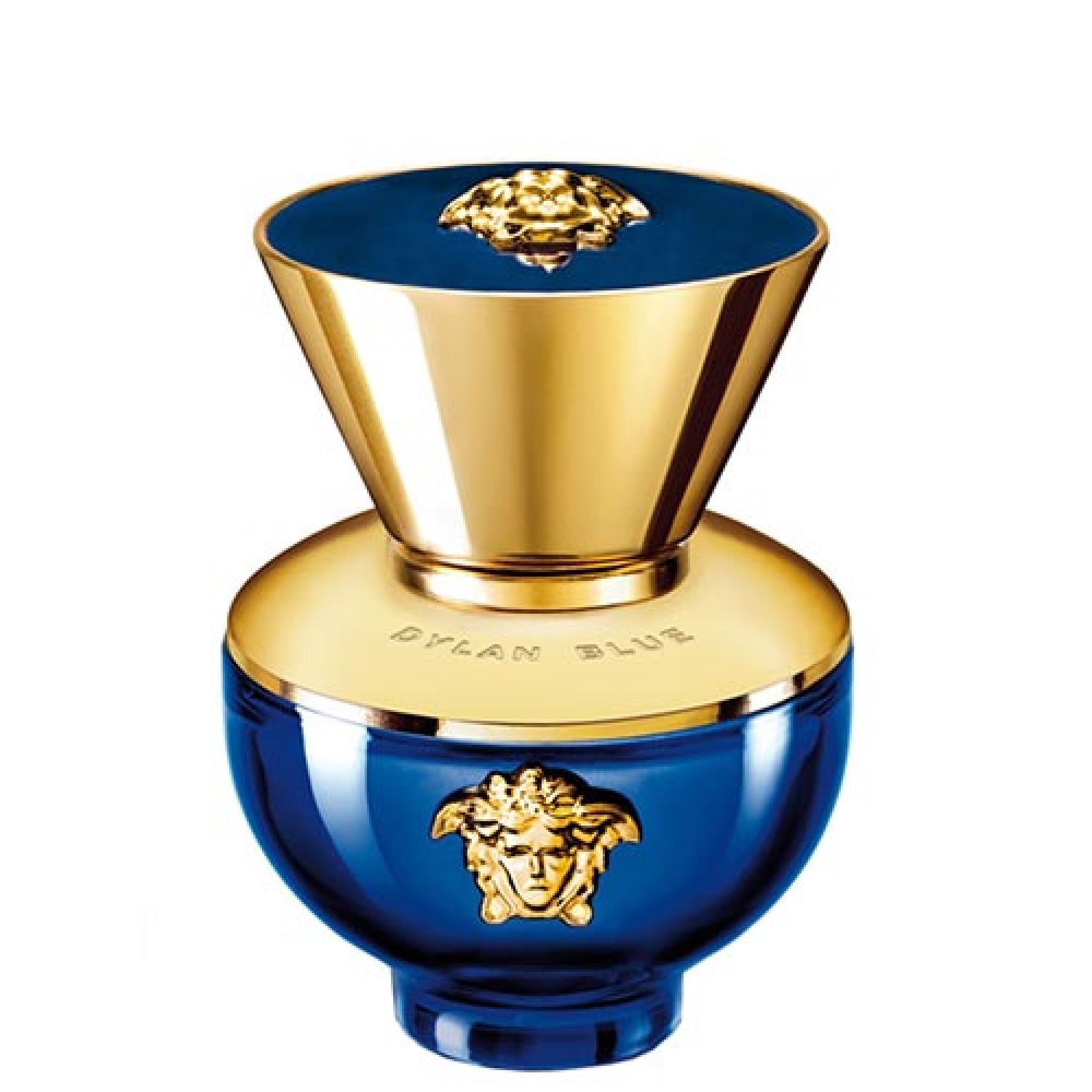 Blaues Versace Pour Femme Dylan Blue Eau de Parfum Spray. Goldfarbener Deckel mit Medusa-Logo. Flakon mit Medusa-Logo.