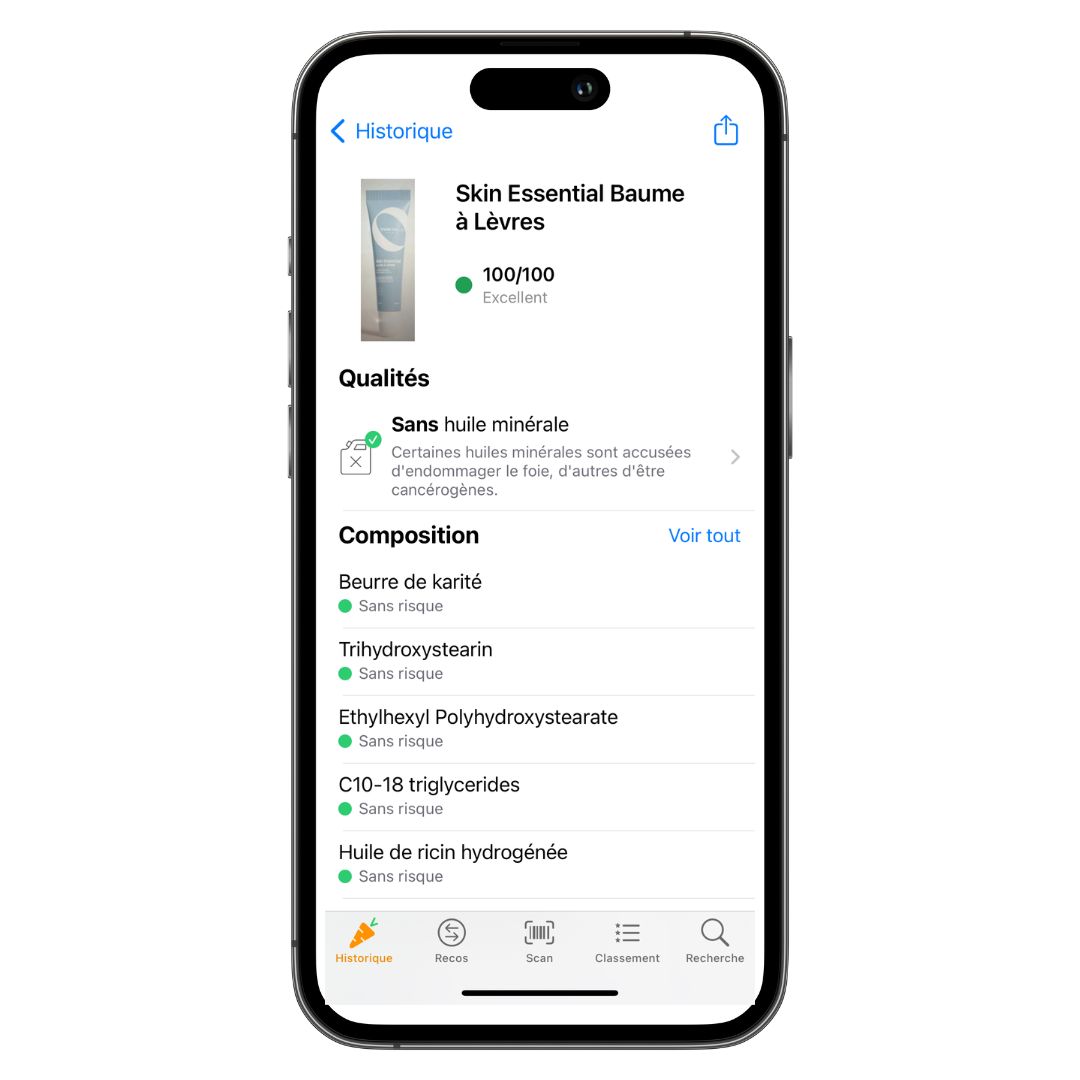 Smartphone-Bildschirm zeigt Produktinformationen. Produktname, Inhaltsstoffe und Bewertung sind sichtbar.