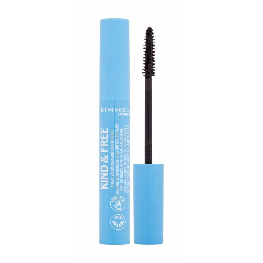 Rimmel Kind & Free Mascara, 02 Braun Schwarz, im blauen Behälter mit herausgezogenem Bürstenapplikator.