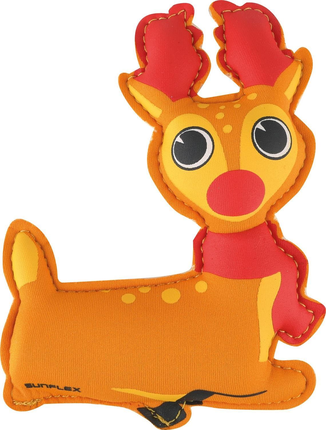 Rentier aus Stoff. Orange, rote Details. Rotes Halstuch. Aufschrift: Sunflex. Weiche Form.