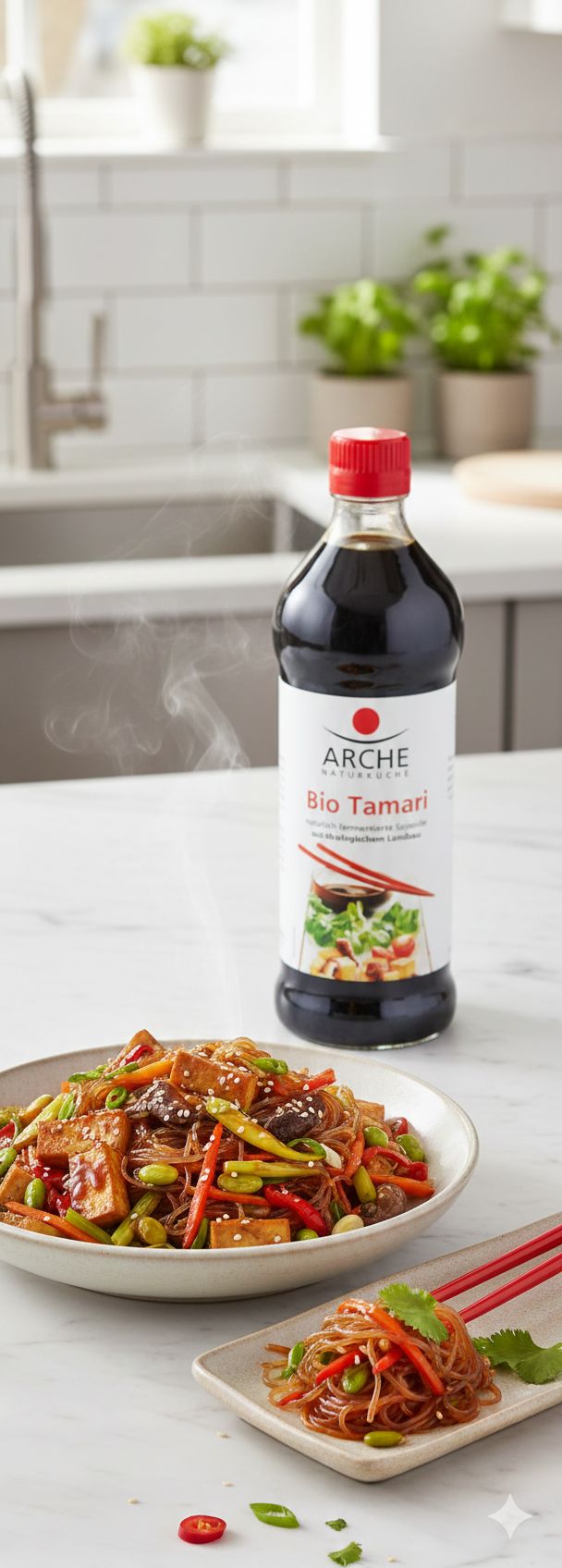 Arche Bio Tamari Sojasauce Flasche neben einer Schüssel mit Nudelgericht und Garnitur.