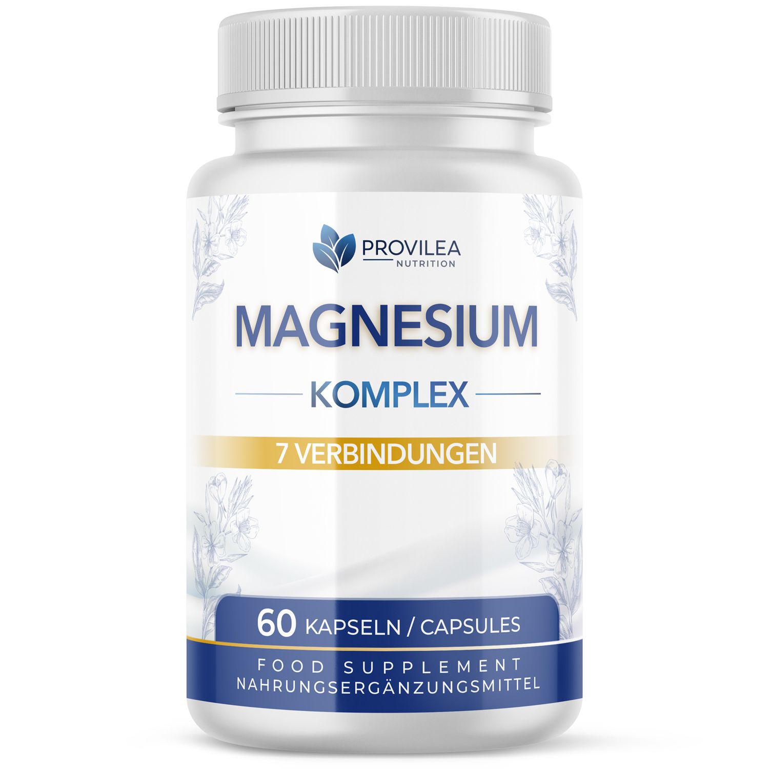 Weiße Flasche mit Kapseln. Aufschrift: Magnesium Komplex, 7 Verbindungen, 60 Kapseln. Marke: Provilea Nutrition.