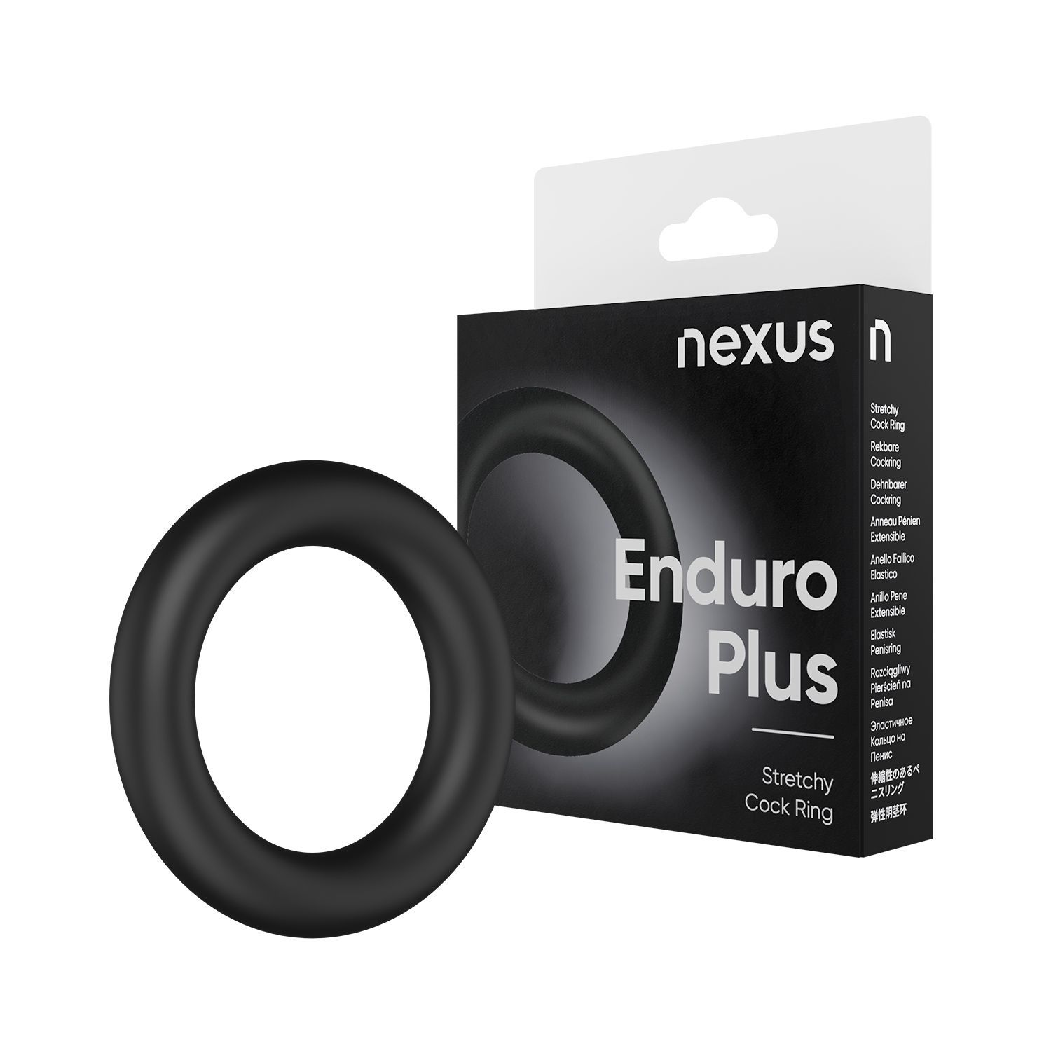 Schwarzer Nexus Enduro Plus Cockring neben Verpackung. Verpackung mit Produktname und Logo.