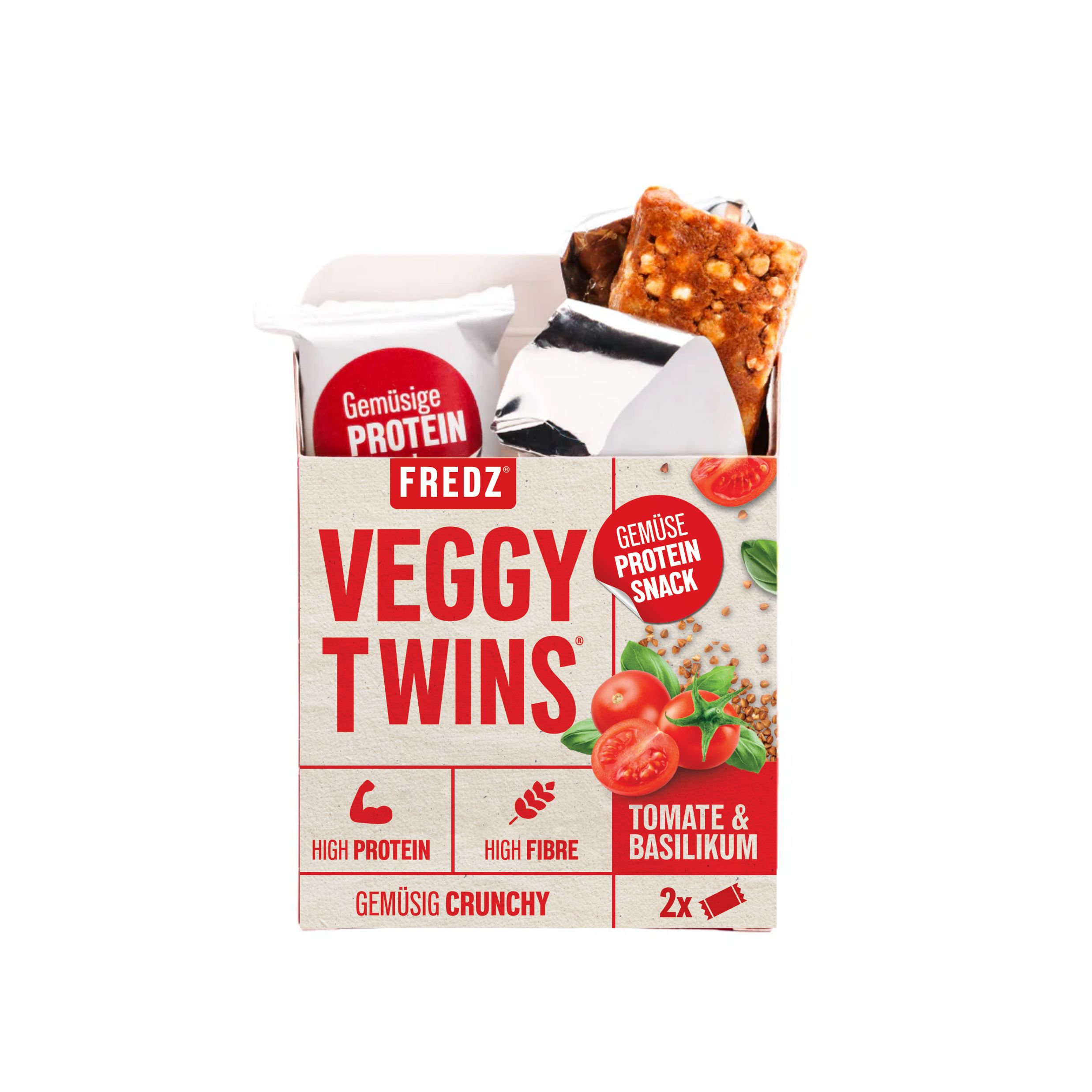 FREDZ VeggyTwins®-Gemüse Proteinsnack-Verpackung. Enthält zwei Riegel. Aufschrift: Tomate & Basilikum, High Protein, High Fibre, Gemüsig Crunchy.
