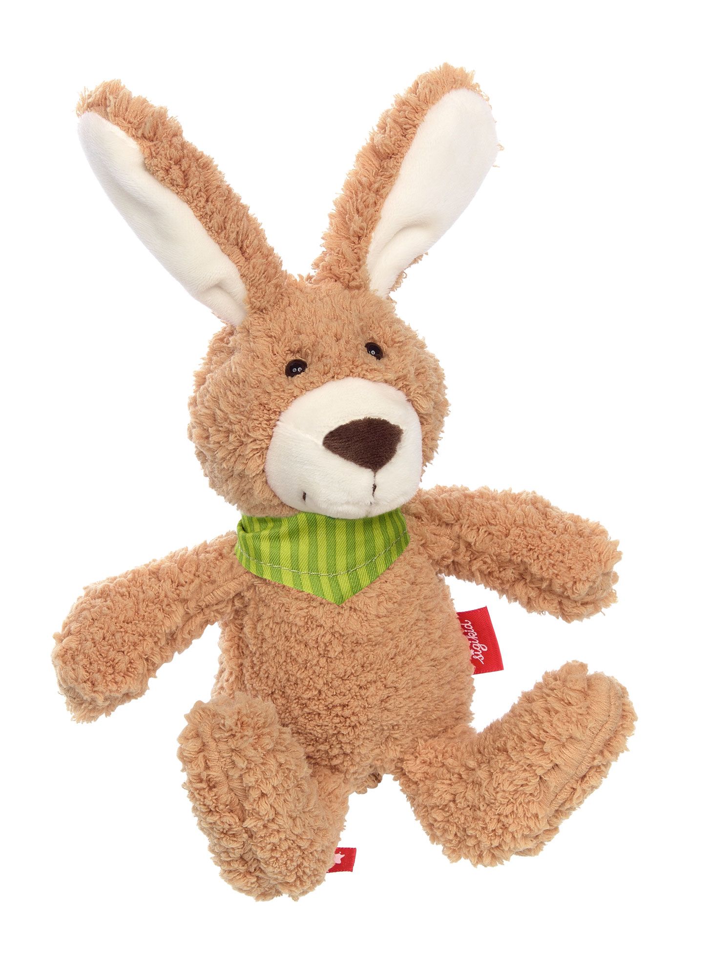 Brauner Hase mit grüner Halskrause. Flauschiges Material, rote Marke. Ohren, Nase und Pfoten in helleren Farben.