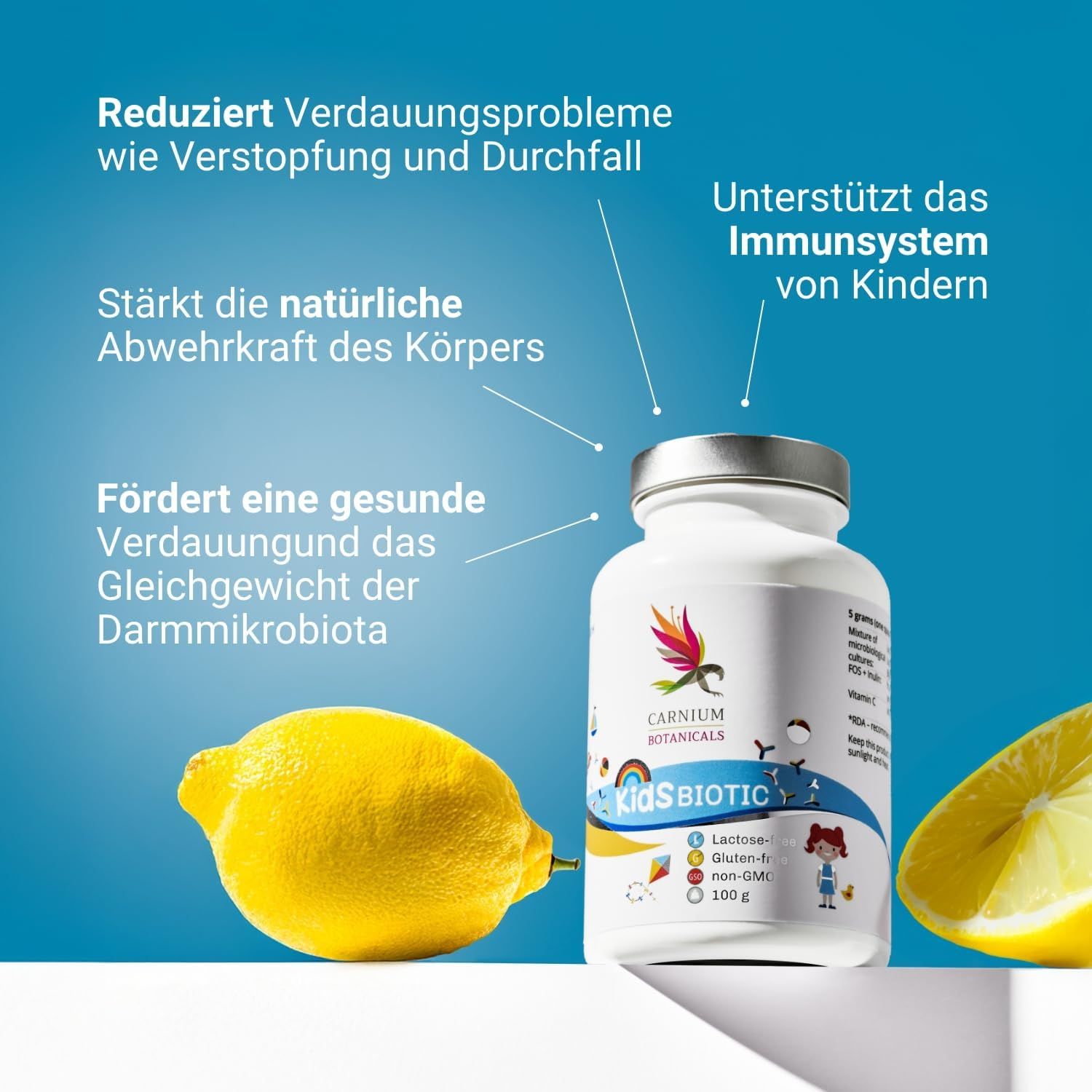 Weiße Flasche mit silbernem Deckel. Aufschrift: Kids Biotic, Carnium Botanicals. Zitrone und Text über Vorteile.