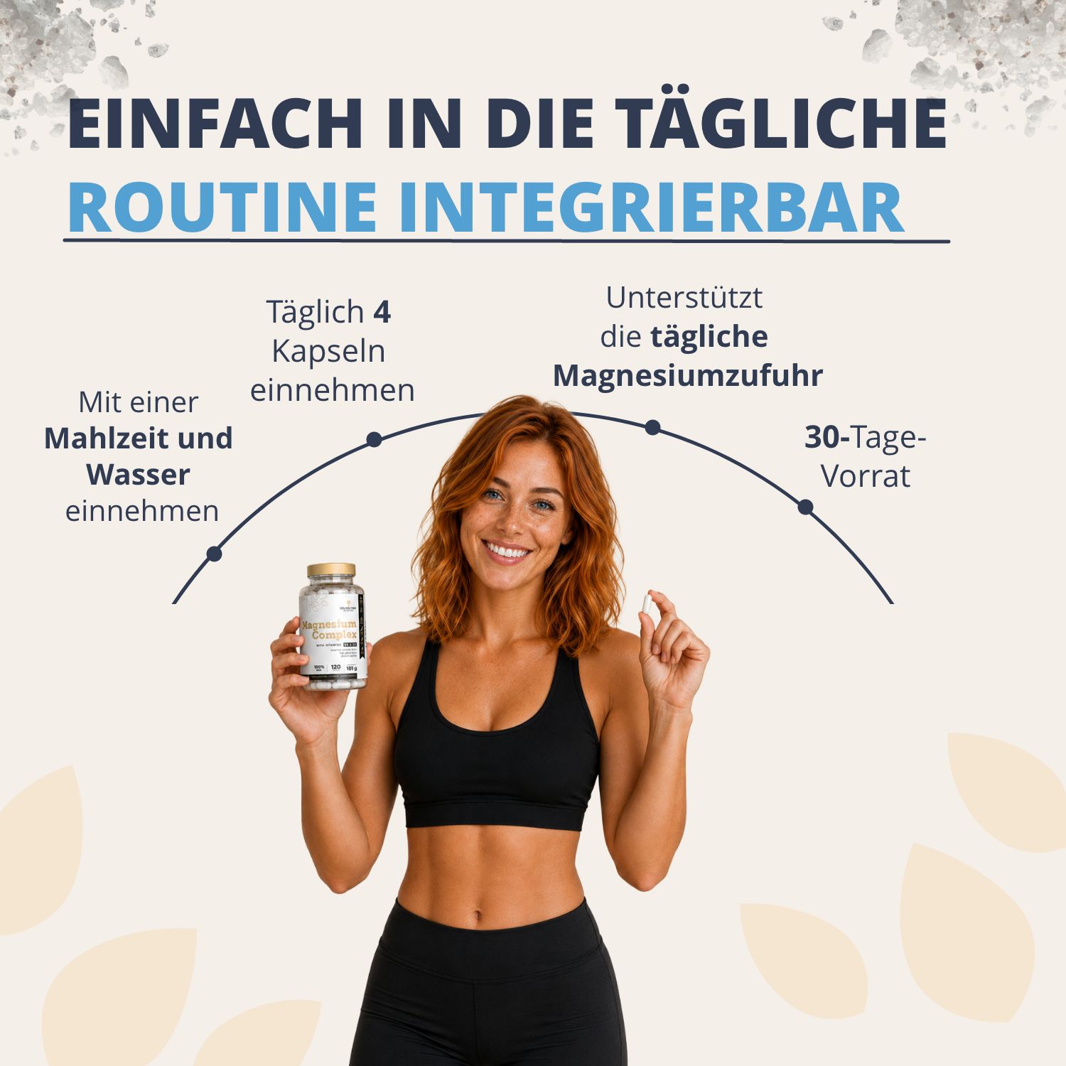Frau hält eine Flasche Golden Tree Magnesium Complex, integrierbar in die tägliche Routine.
