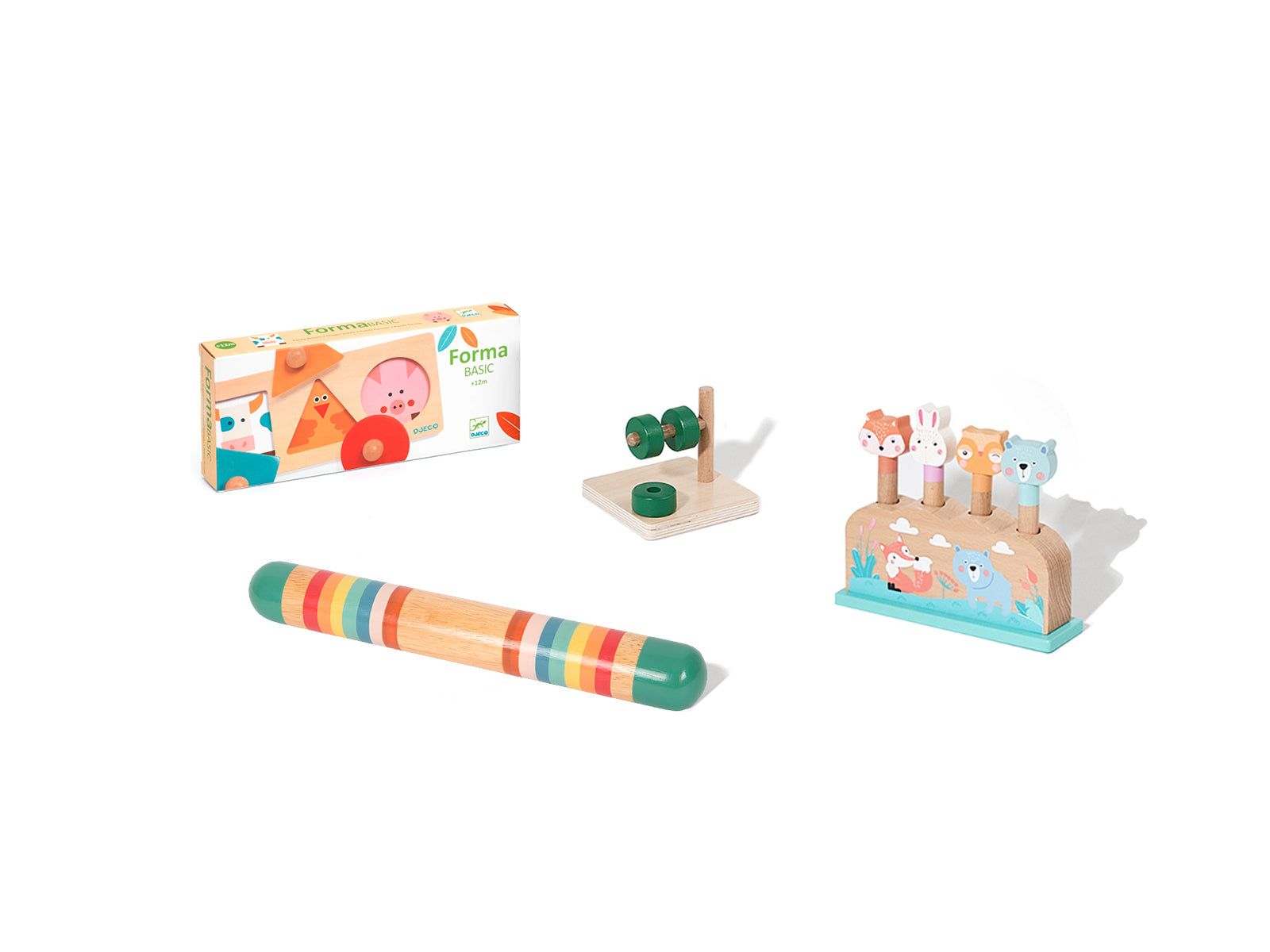 Verschiedene Holzspielzeuge: Puzzle, Rassel, Steckspiel und Ringe. Inklusive Verpackung mit Produktnamen.