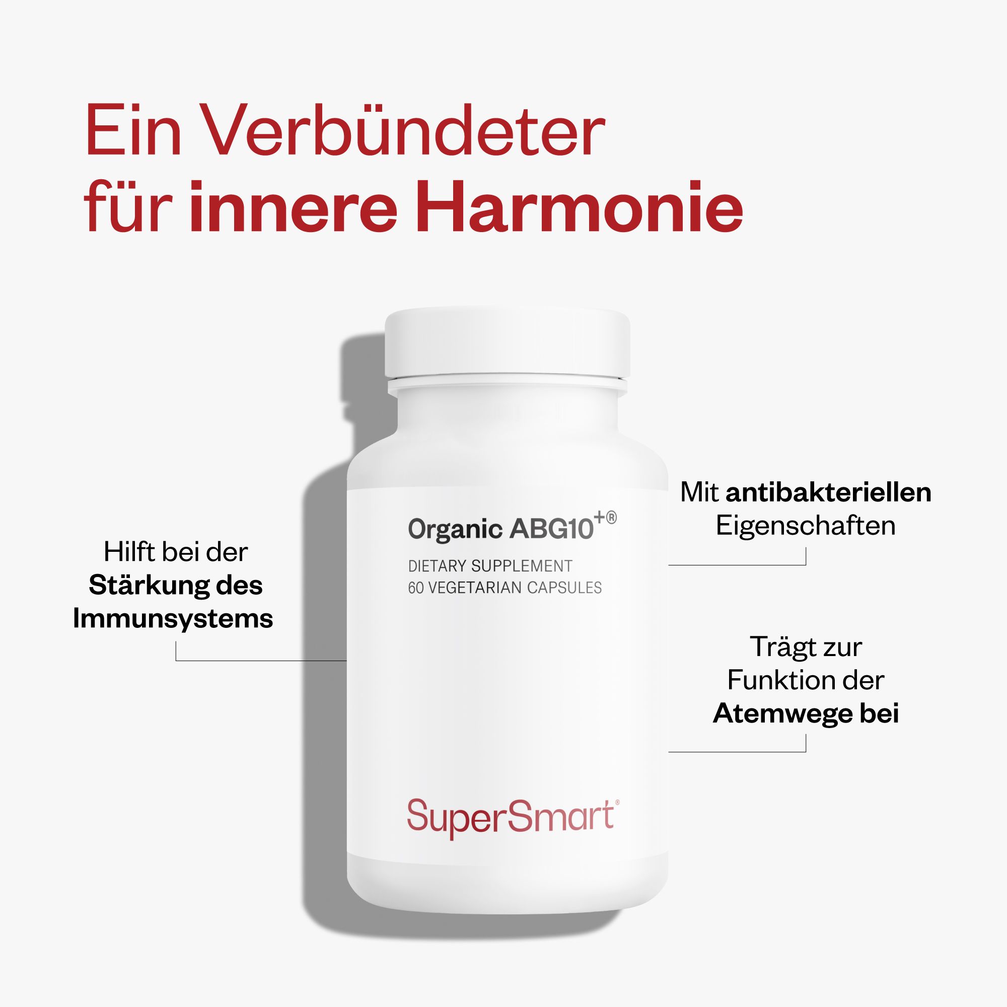 Weiße Flasche mit ABG10+®-Kapseln. Aufschrift: Organic ABG10+, 60 vegetarische Kapseln. SuperSmart-Logo. Text: Hilft Immunsystem, Atemwege.