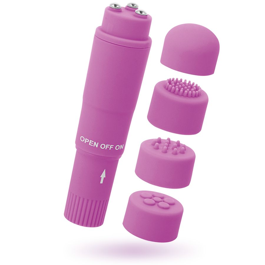 Lila Mini-Massagevibrator mit vier Aufsätzen. Aufsätze mit unterschiedlichen Oberflächen. Aufschrift "OPEN OFF ON".
