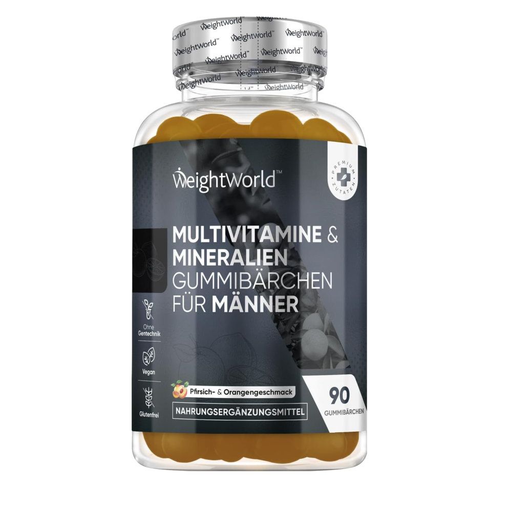 Eine Flasche WeightWorld Multivitamin Gummies für Männer. Aufschrift: Multivitamine & Mineralien Gummibärchen für Männer. 90 Stück.