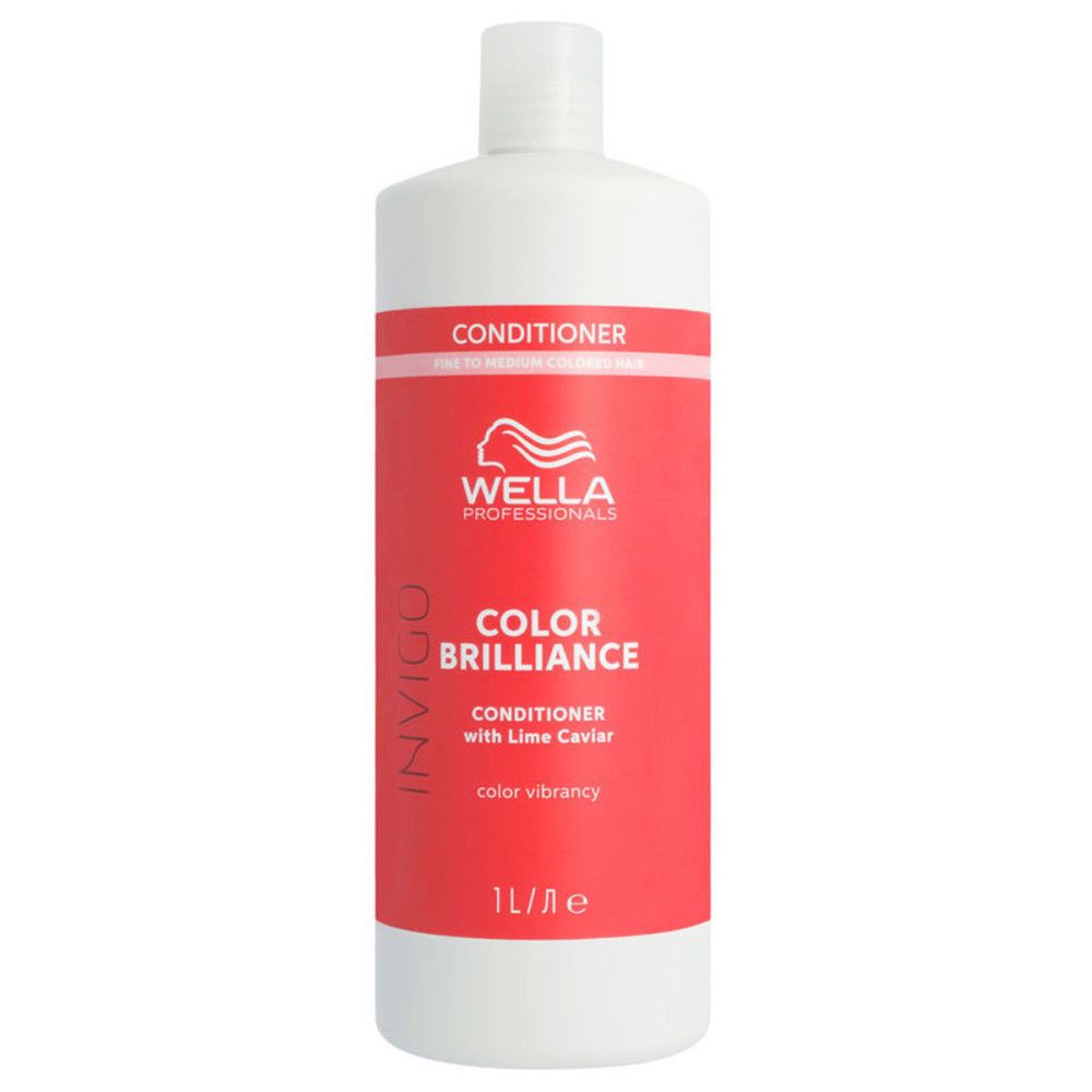 Weiße Flasche mit rotem Etikett. Aufschrift: Wella Professionals Invigo Color Brilliance Conditioner. 1L.