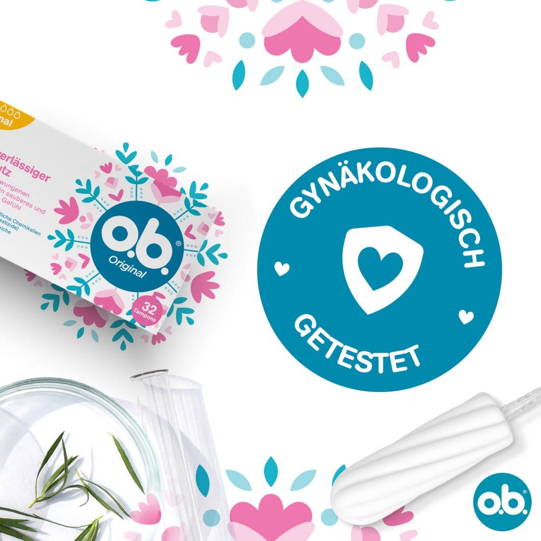 Packung o.b.® Original Tampons. Gynäkologisch getestet. 32 Stück. o.b.® Logo.