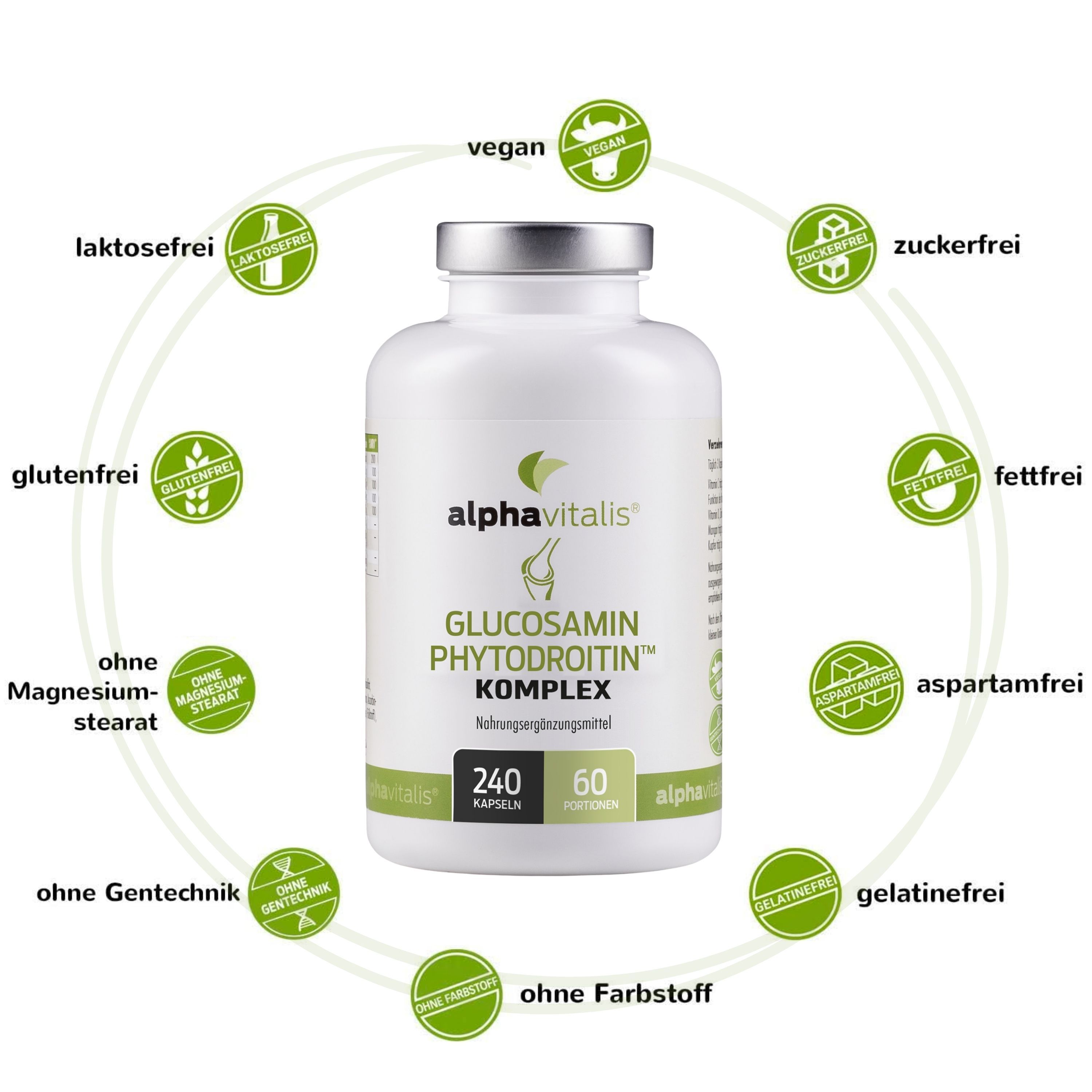 Weiße Flasche mit Kapseln. Aufschrift: Alphavitalis Glucosamin Phytodroitin Komplex. 240 Kapseln. Umgeben von Symbolen: vegan, zuckerfrei, fettfrei, etc.