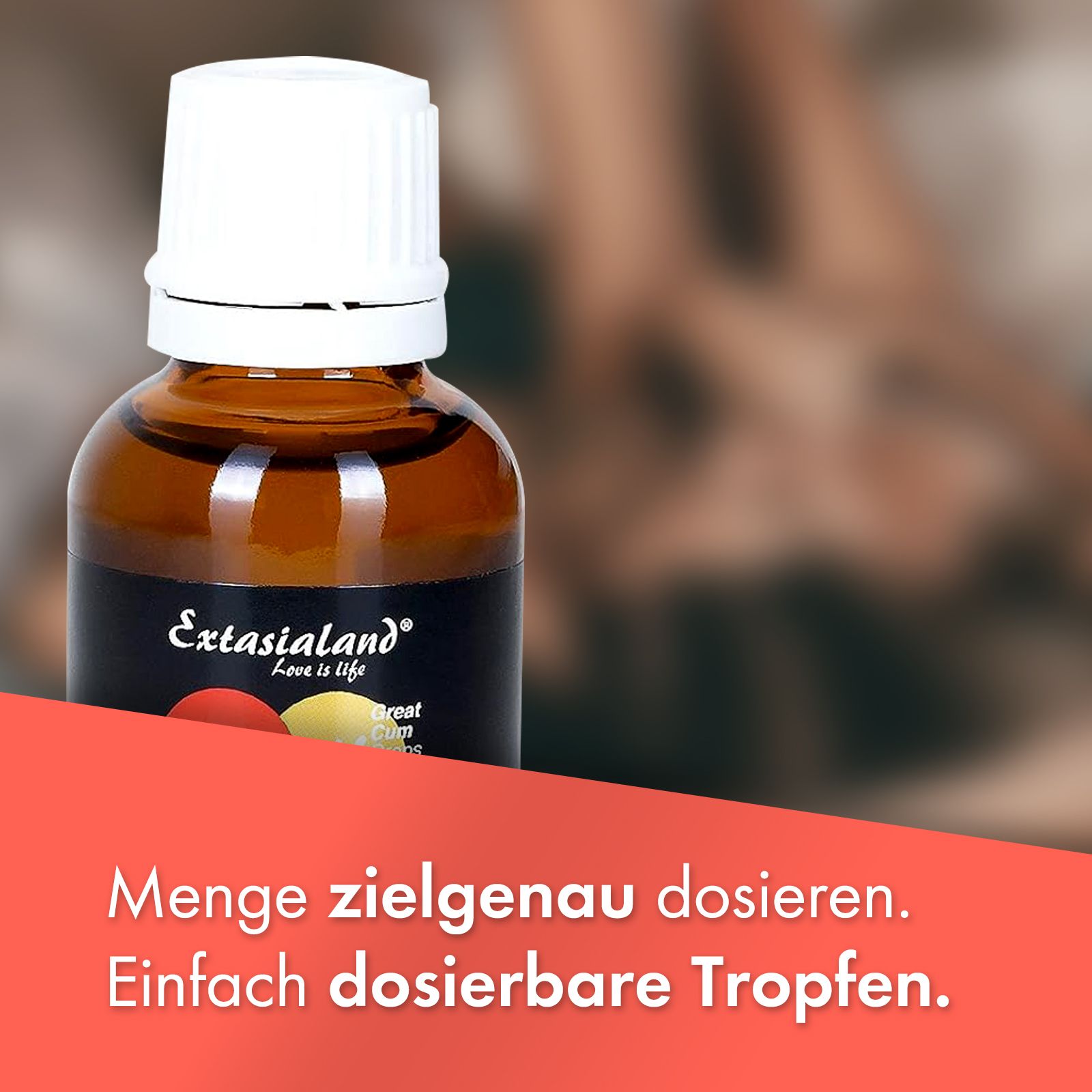 Flasche Libidofly® GreatCum Drops. Text: Menge zielgenau dosieren. Einfach dosierbare Tropfen.