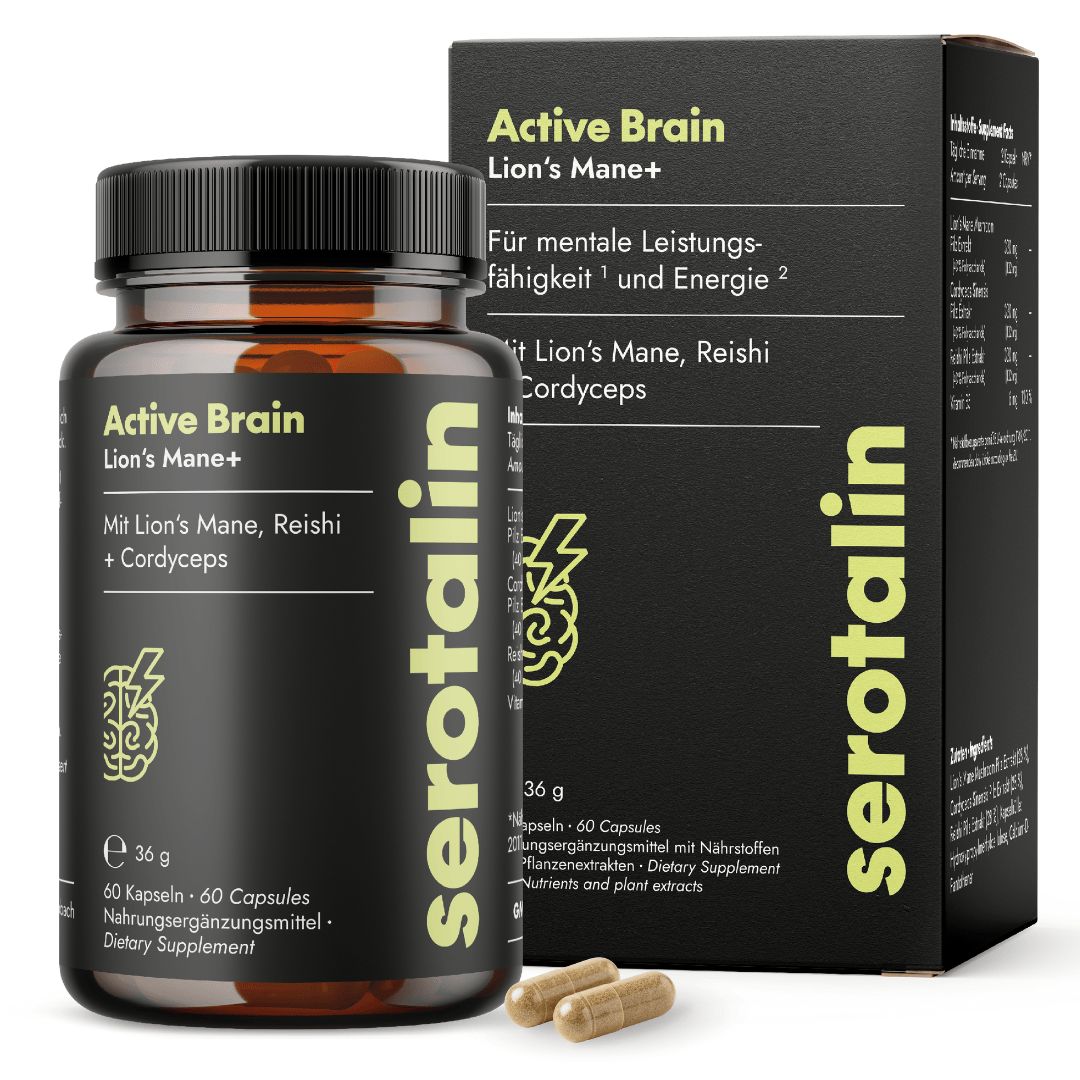 Braune Kapseln in einer schwarzen Flasche und Schachtel. Aufschrift: Active Brain, Lion's Mane+, serotalin. 60 Kapseln.