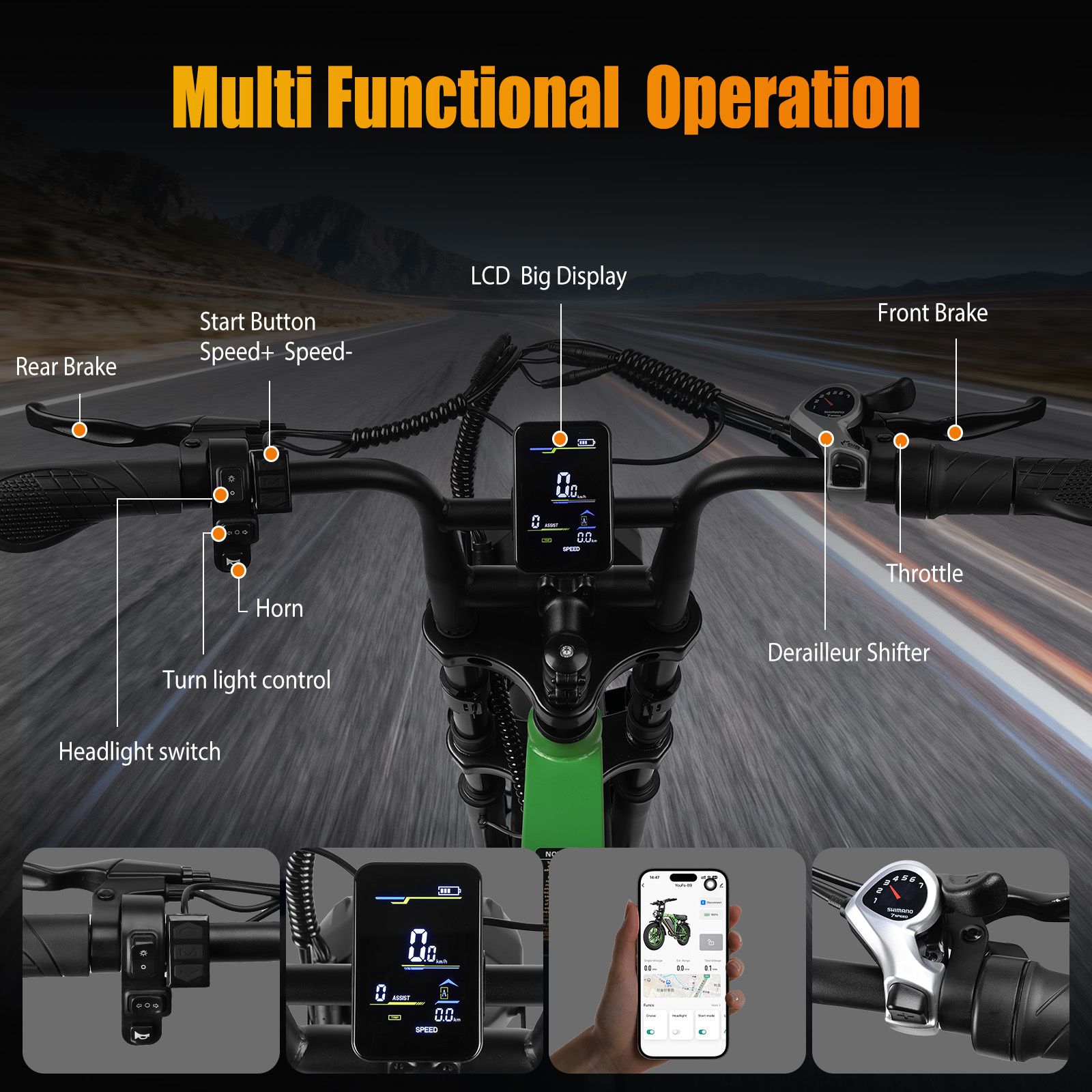 E-Bike-Lenker mit Bedienelementen: Start, Geschwindigkeit, Licht, Hupe, Blinker, Gashebel, Schaltung. Digitalanzeige.