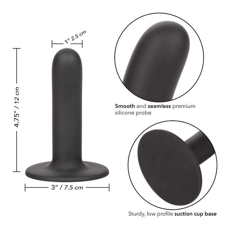 Nahaufnahme einer schwarzen Silikon-Sonde mit Saugbasis. Abmessungen: 4.75"/12 cm hoch, 3"/7.5 cm Basisdurchmesser. Text: Smooth, 1"/2.5 cm.