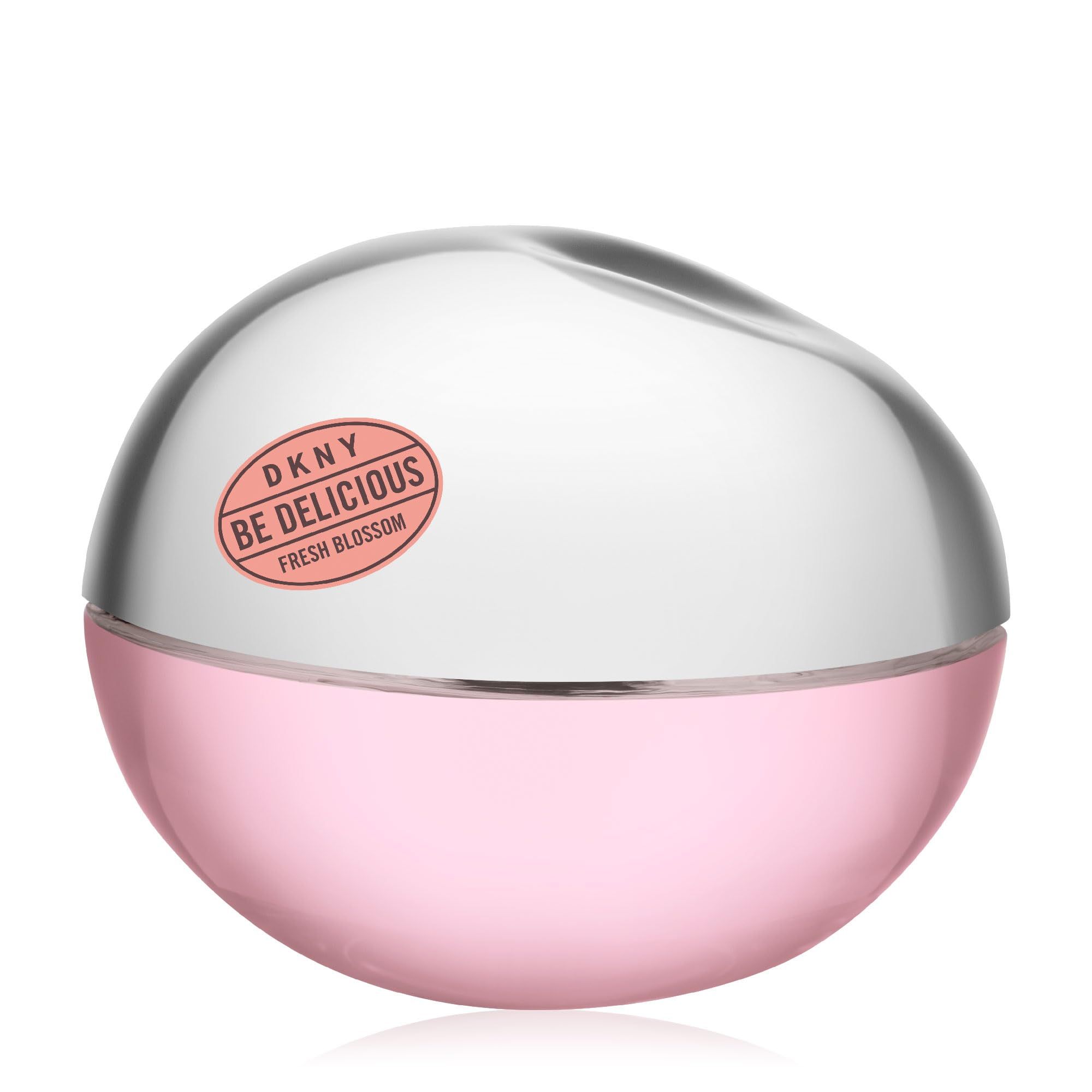 Runder, rosa Flakon mit silbernem Deckel. Aufschrift: DKNY Be Delicious Fresh Blossom.