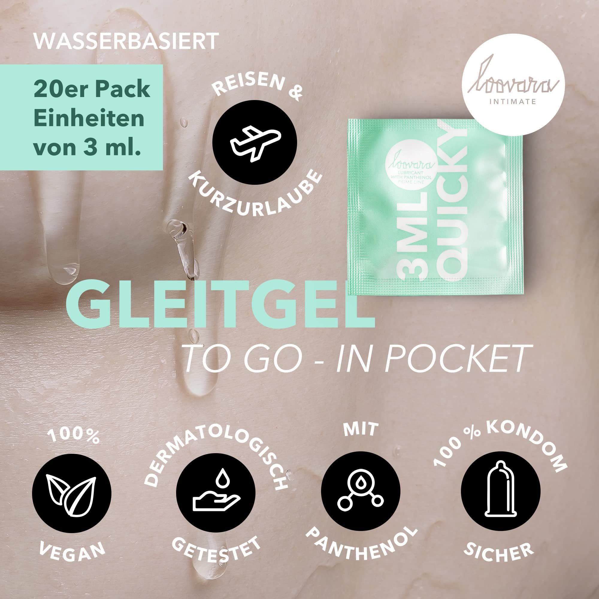 Loovara Gleitgel: Wasserbasiert, 20x 3ml Sachets, vegan, dermatologisch getestet.
